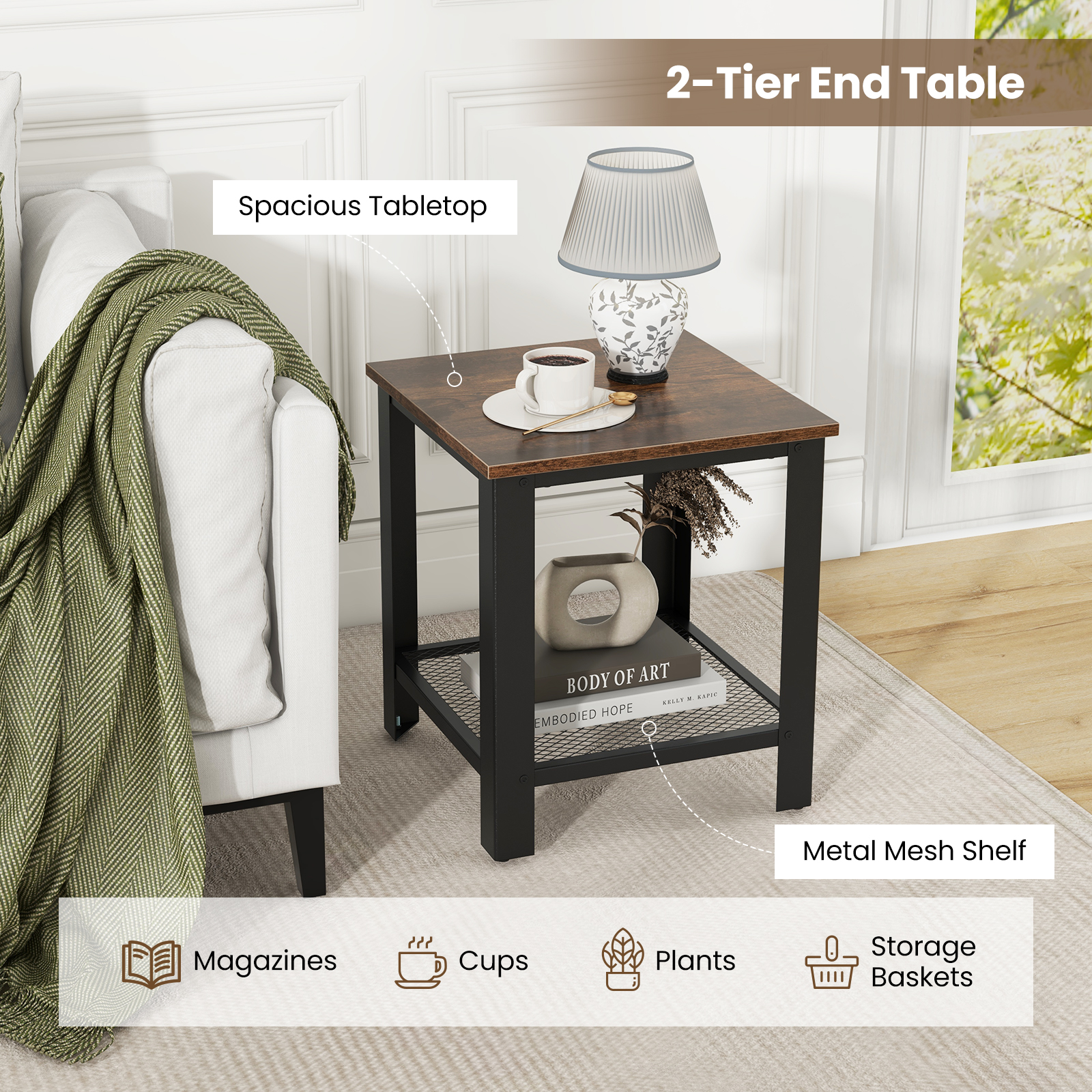 Industrial End Table 2-Tier Side Table-Black - Image 6