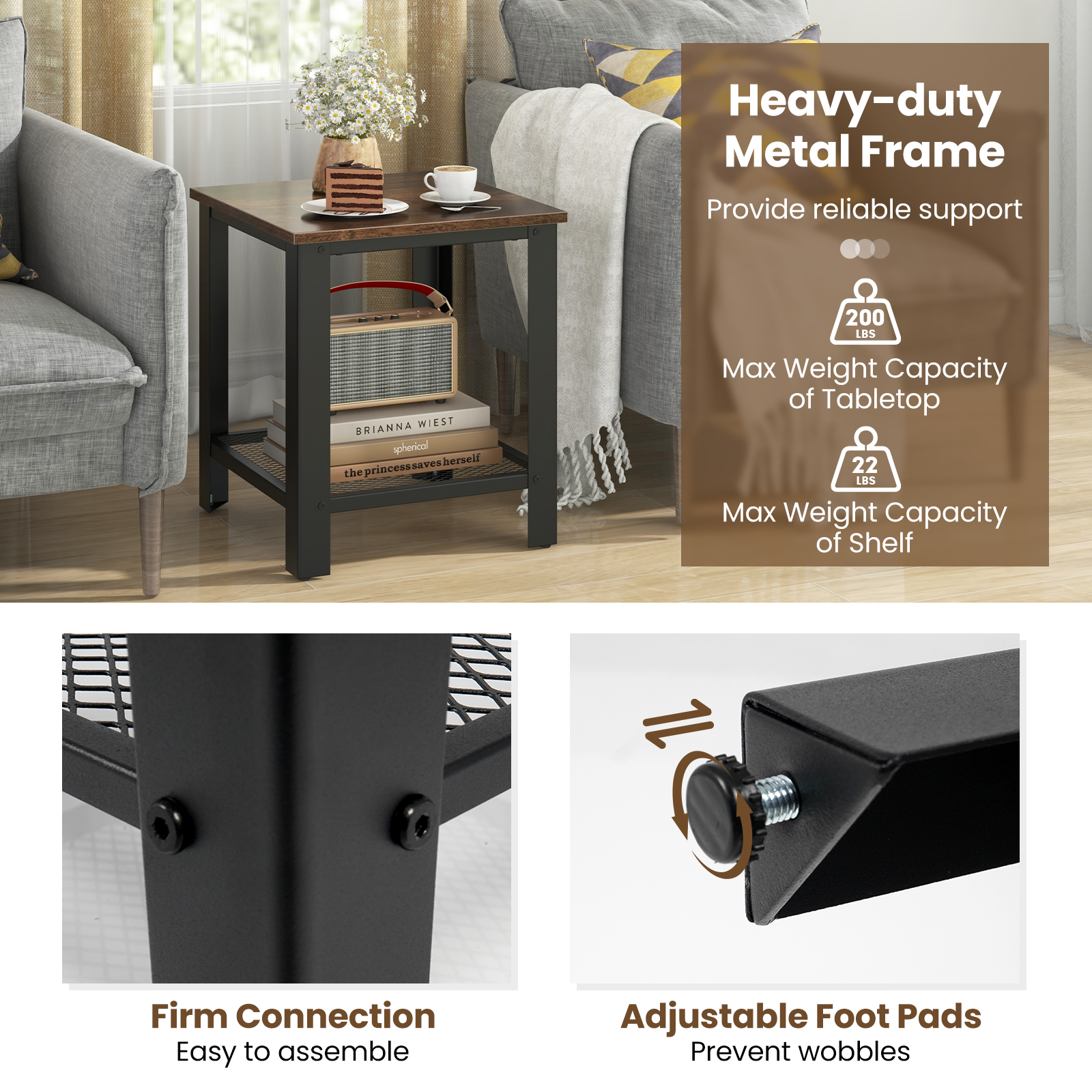 Industrial End Table 2-Tier Side Table-Black - Image 7