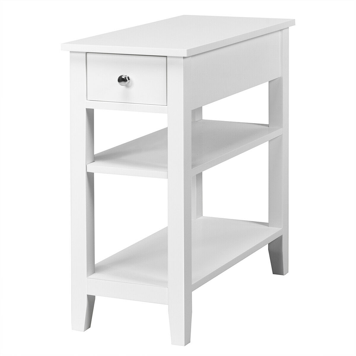 3-Tier Nightstand Bedside Table Sofa Side with Double Shelves Drawer-White - Image 2