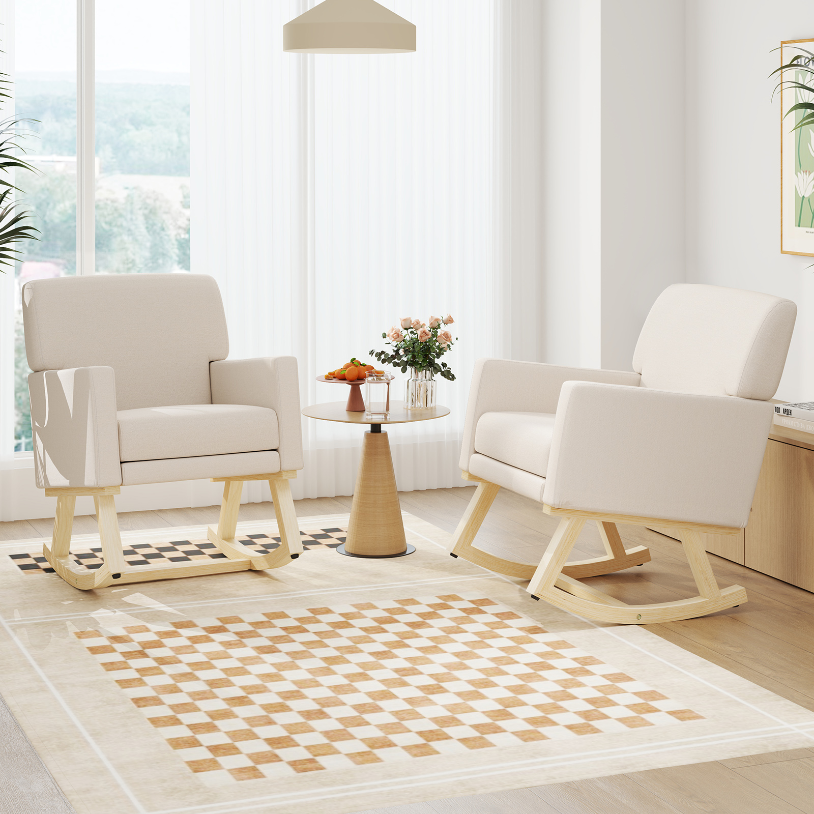 Upholstered Rocking Chair with and Solid Wood Base-Beige - Image 4
