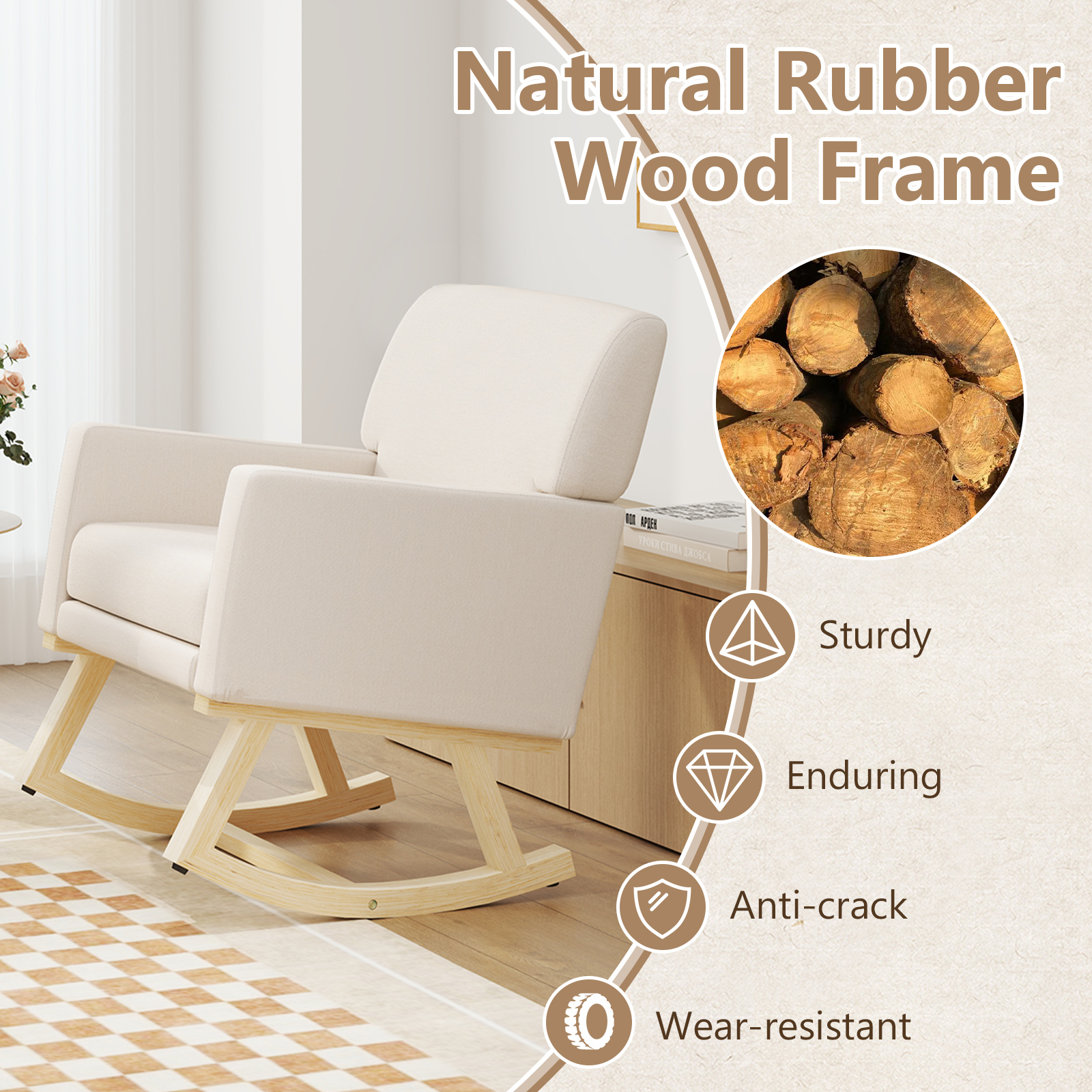 Upholstered Rocking Chair with and Solid Wood Base-Beige - Image 5