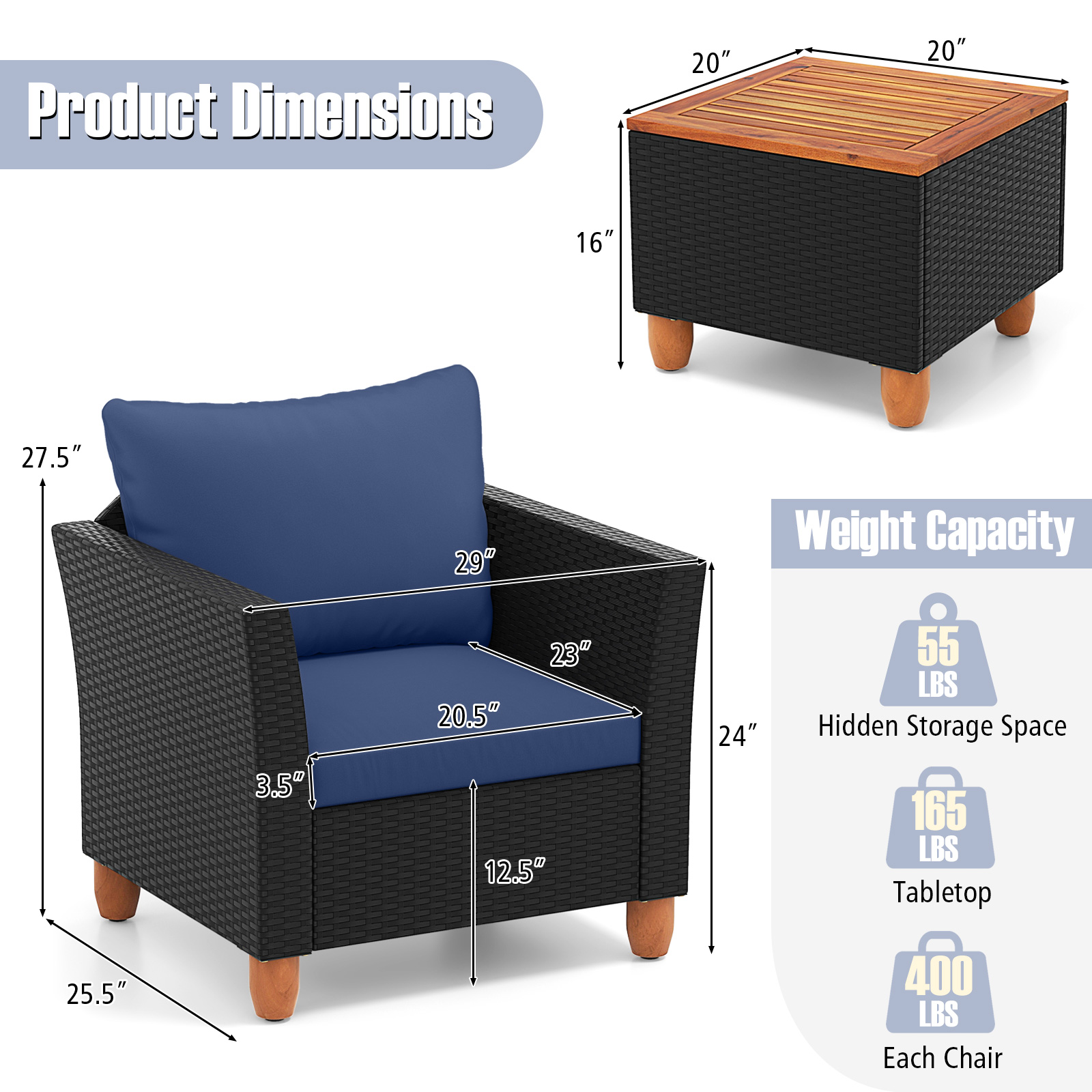 3 Pieces Outdoor Patio Rattan Furniture Set-Navy - Image 4