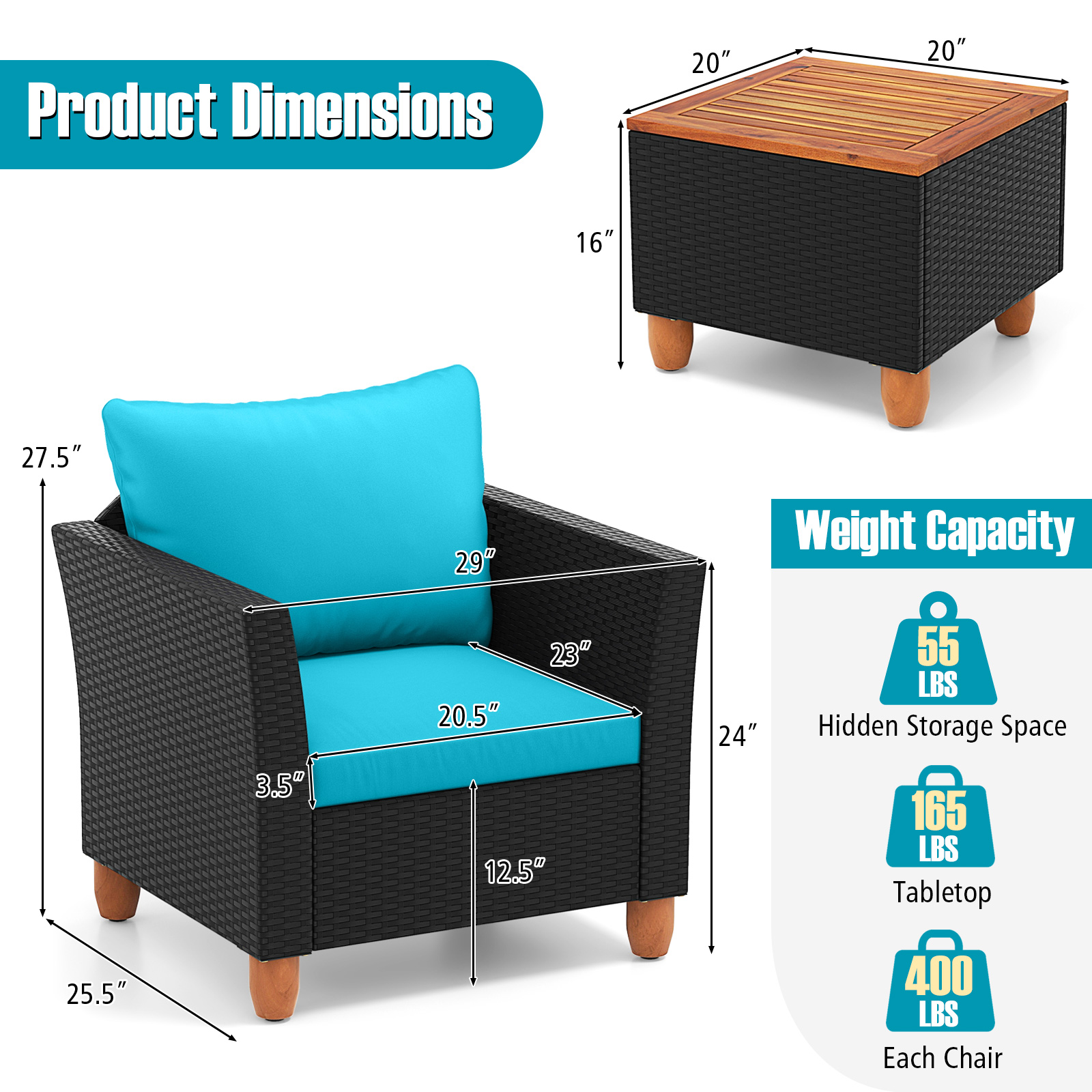 3 Pieces Outdoor Patio Rattan Furniture Set-Turquoise - Image 4