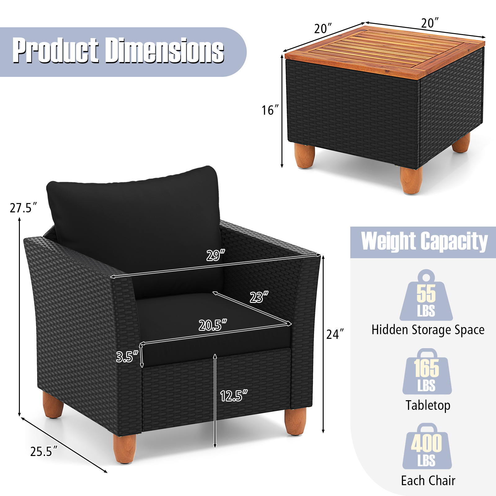 3 Pieces Outdoor Patio Rattan Furniture Set-Black - Image 4