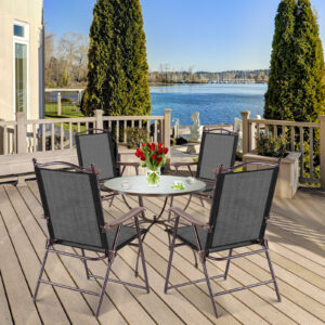 Set of 2 Patio Folding Sling Back Camping Deck Chairs-Coffee