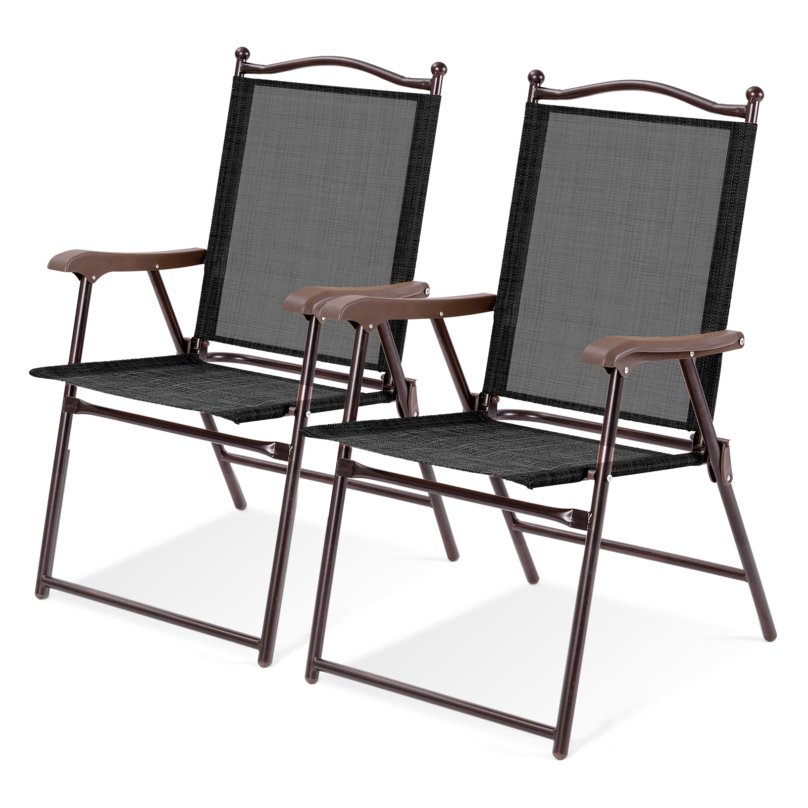 Set of 2 Patio Folding Sling Back Camping Deck Chairs-Coffee - Image 3