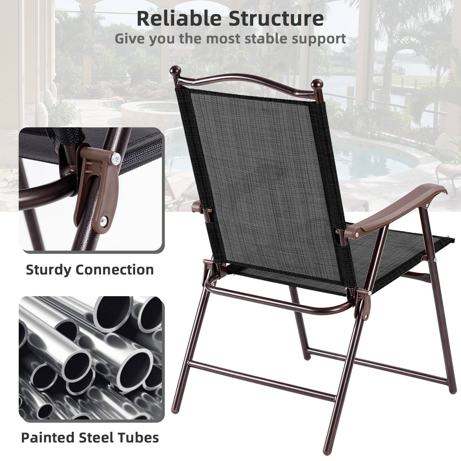 Set of 2 Patio Folding Sling Back Camping Deck Chairs-Coffee - Image 7