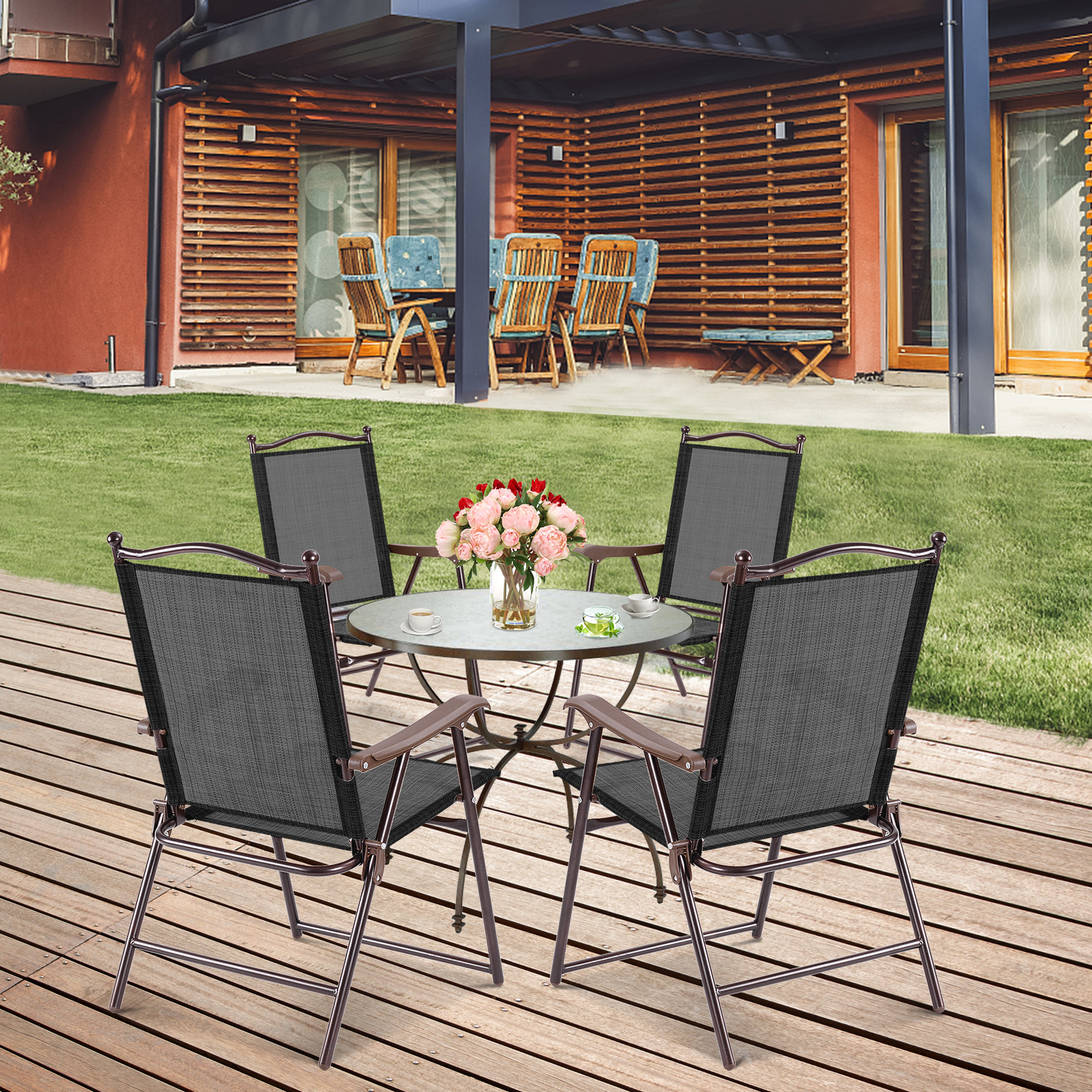 Set of 2 Patio Folding Sling Back Camping Deck Chairs-Black - Image 5