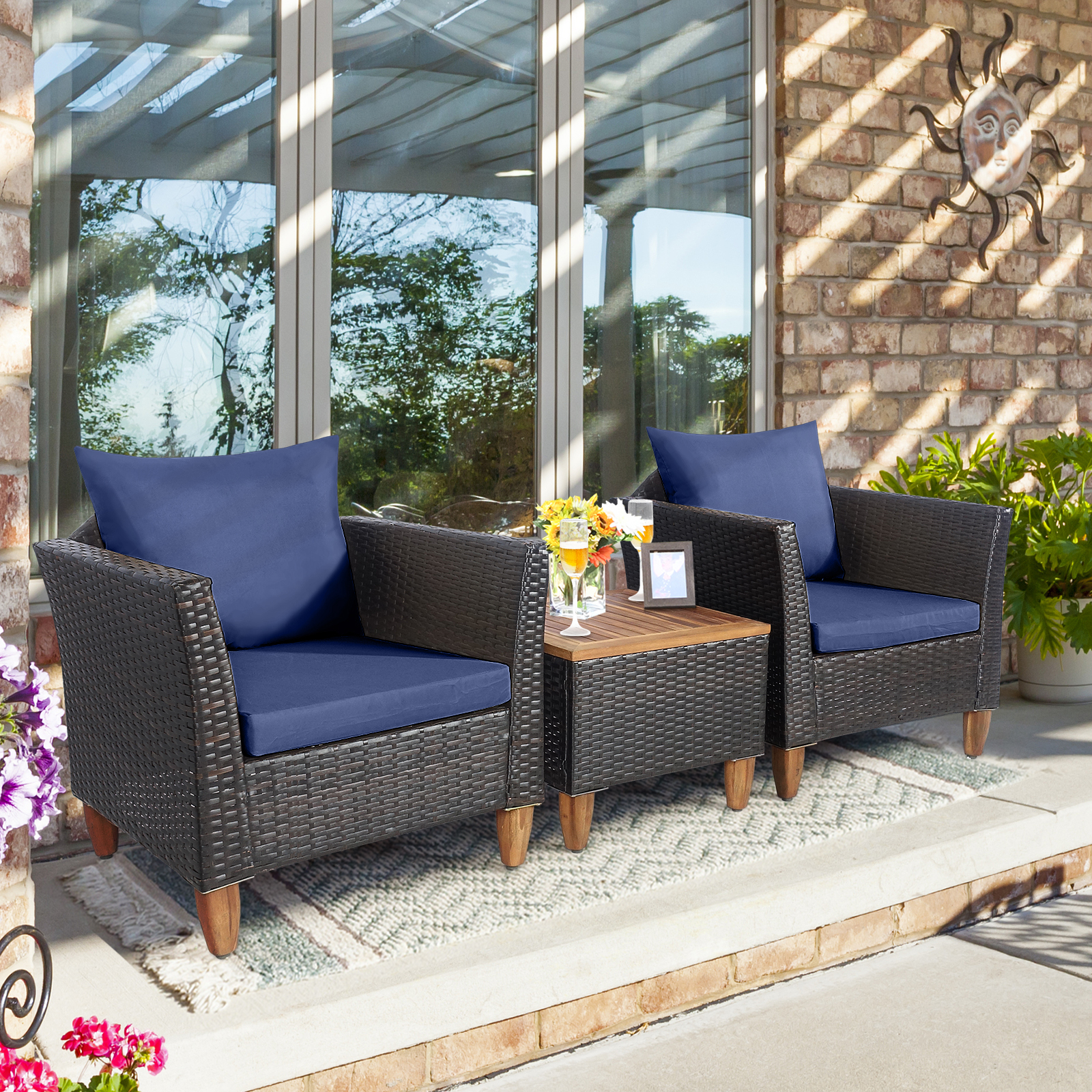 3 Pieces Patio Rattan Bistro Furniture Set-Navy - Image 5