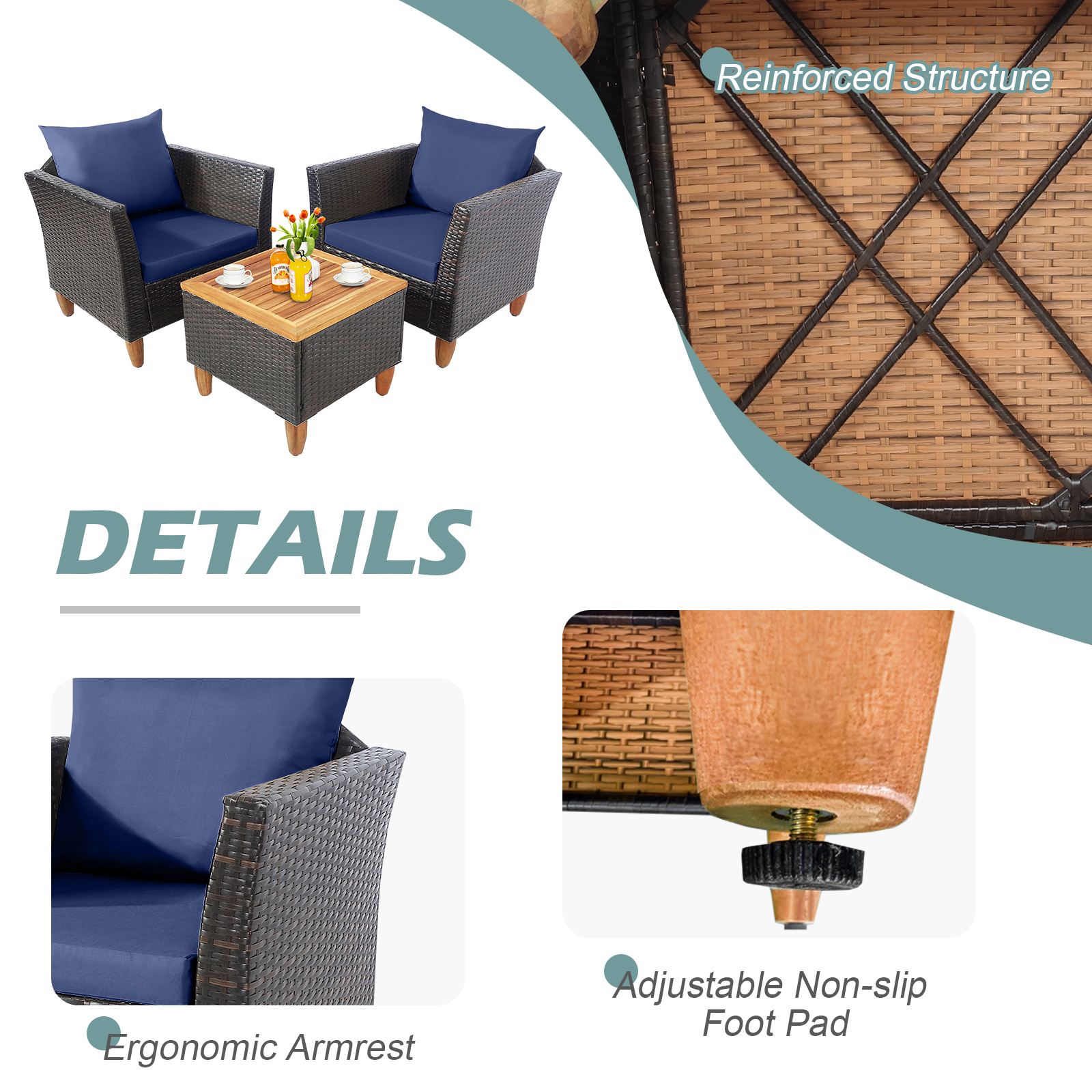 3 Pieces Patio Rattan Bistro Furniture Set-Navy - Image 6