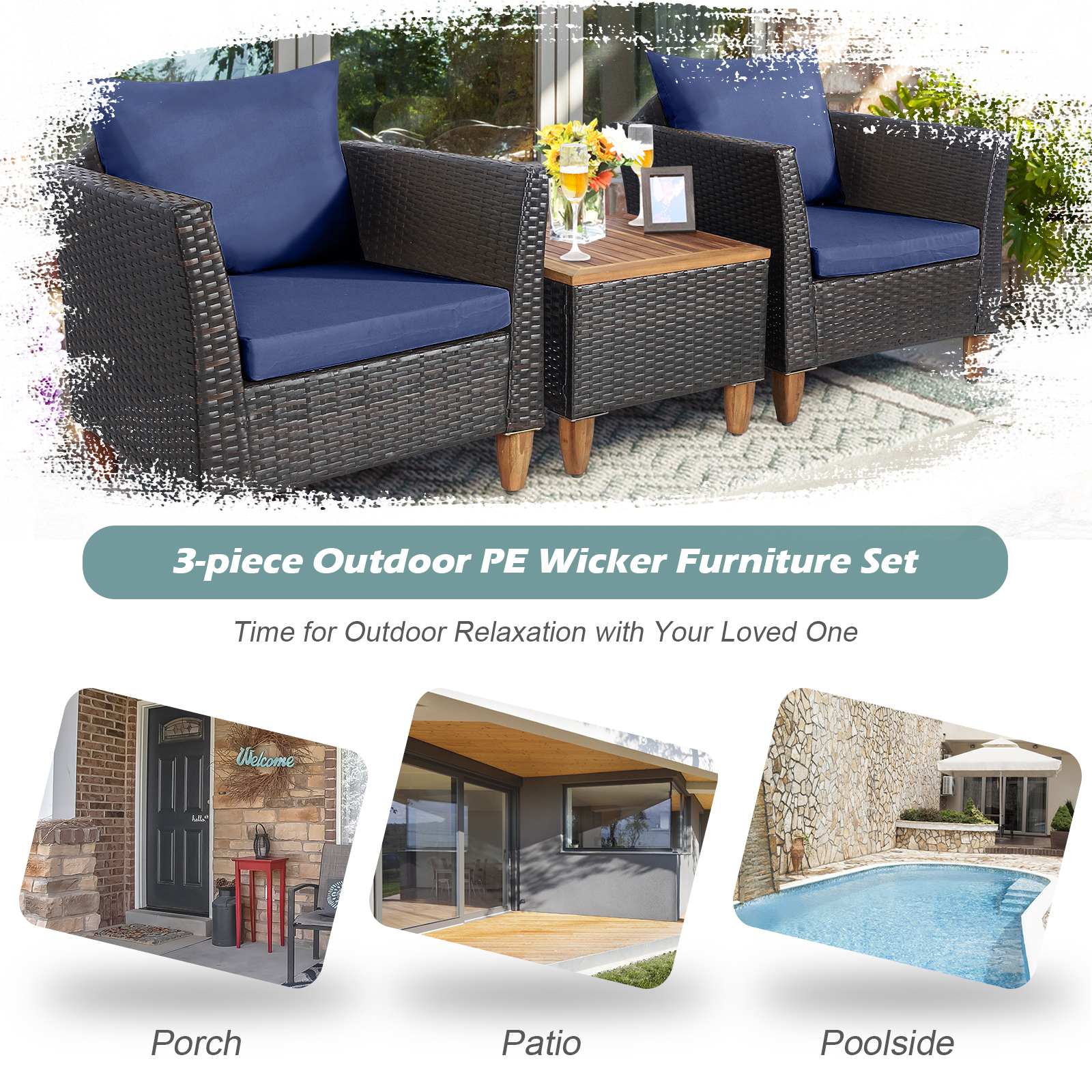 3 Pieces Patio Rattan Bistro Furniture Set-Navy - Image 7