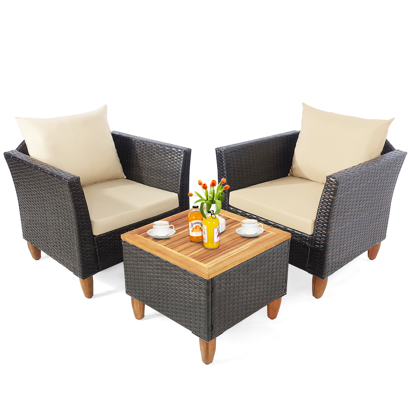3 Pieces Patio Rattan Furniture Set with Washable Cushion for Yard Porch-Beige - Image 2