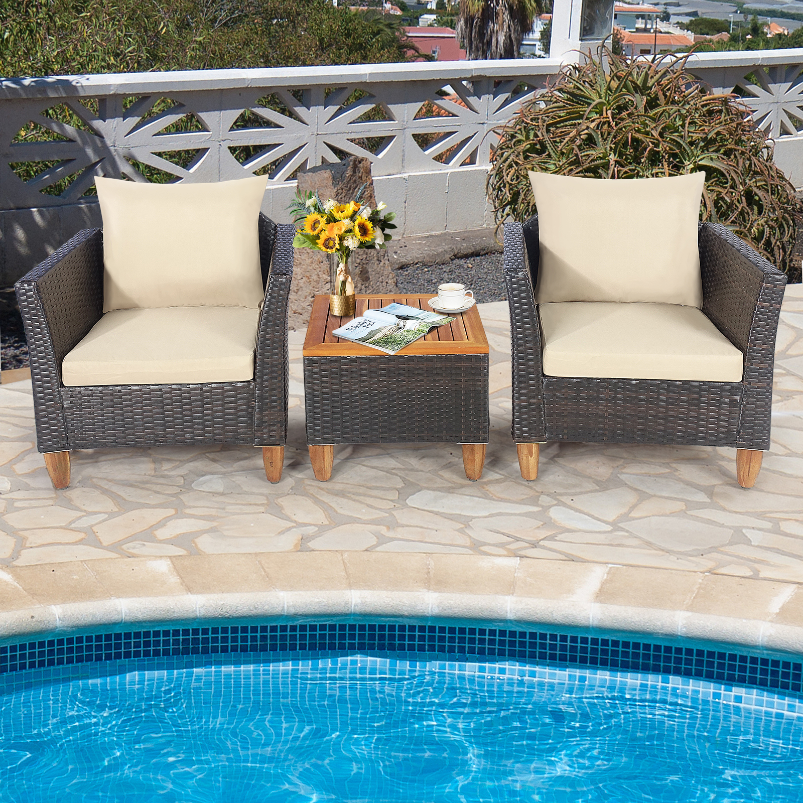 3 Pieces Patio Rattan Furniture Set with Washable Cushion for Yard Porch-Beige - Image 5