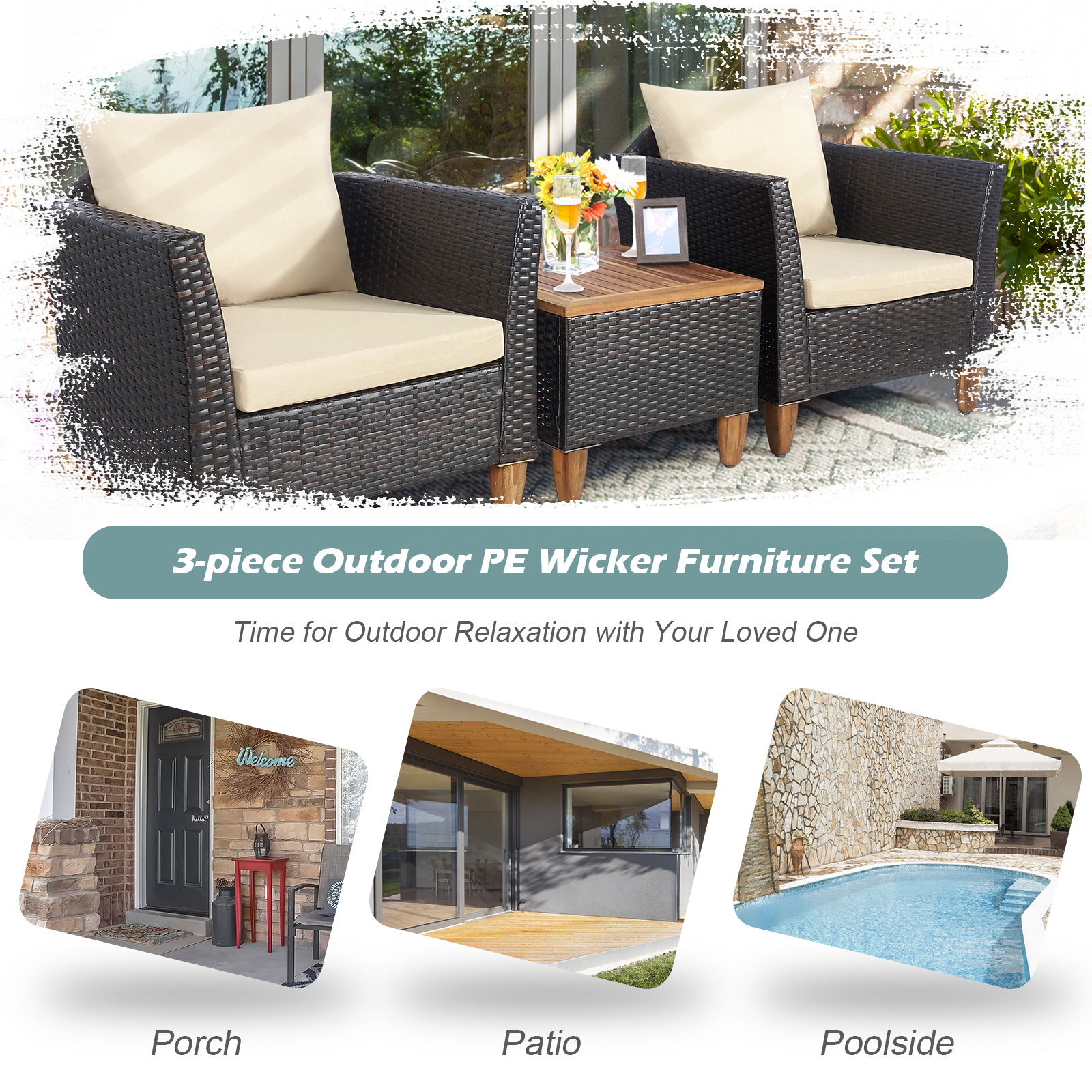 3 Pieces Patio Rattan Furniture Set with Washable Cushion for Yard Porch-Beige - Image 6