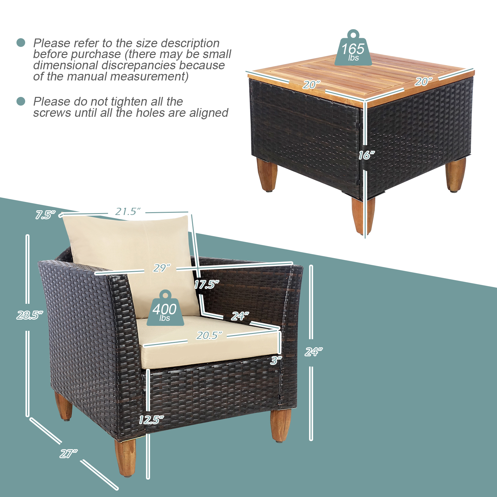 3 Pieces Patio Rattan Furniture Set with Washable Cushion for Yard Porch-Beige - Image 4