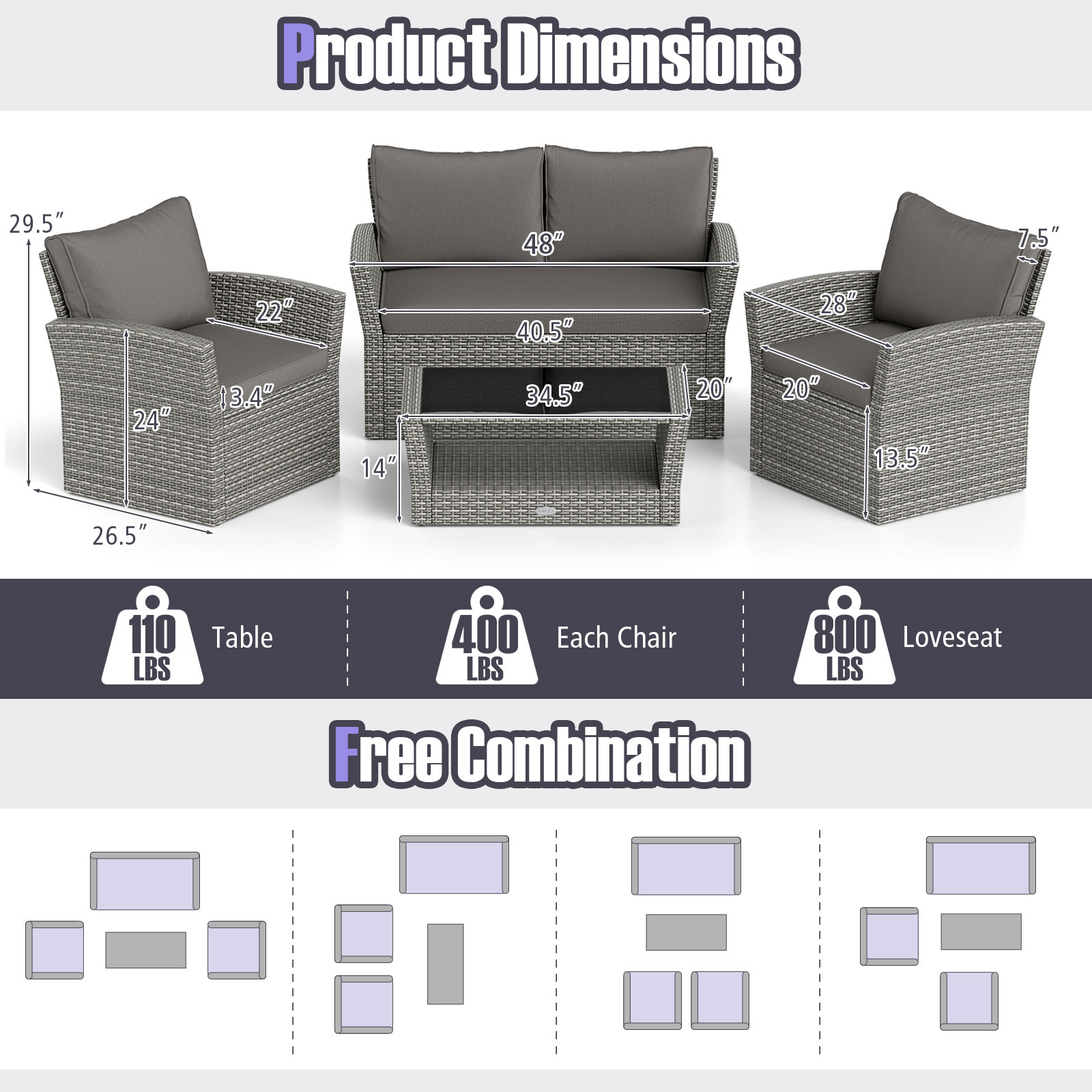 4 Pieces Patio Rattan Furniture Set Sofa Table with Storage Shelf Cushion-Gray - Image 4