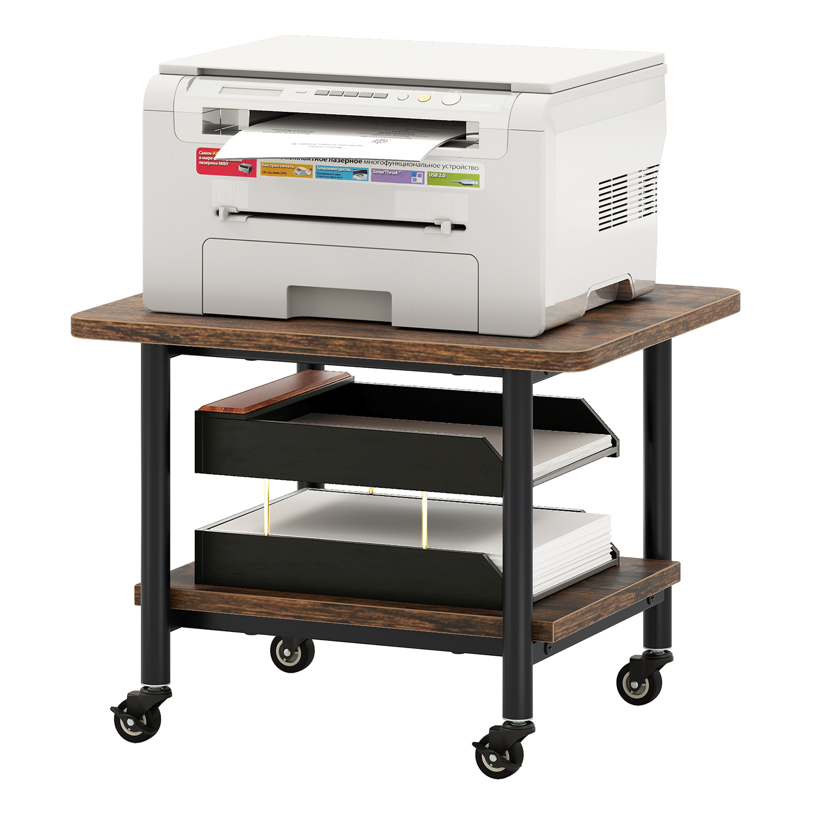 Under Desk Printer Stand with 360° Swivel Casters-Brown - Image 3