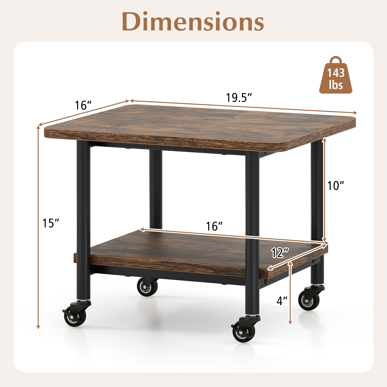 Under Desk Printer Stand with 360° Swivel Casters-Brown - Image 4