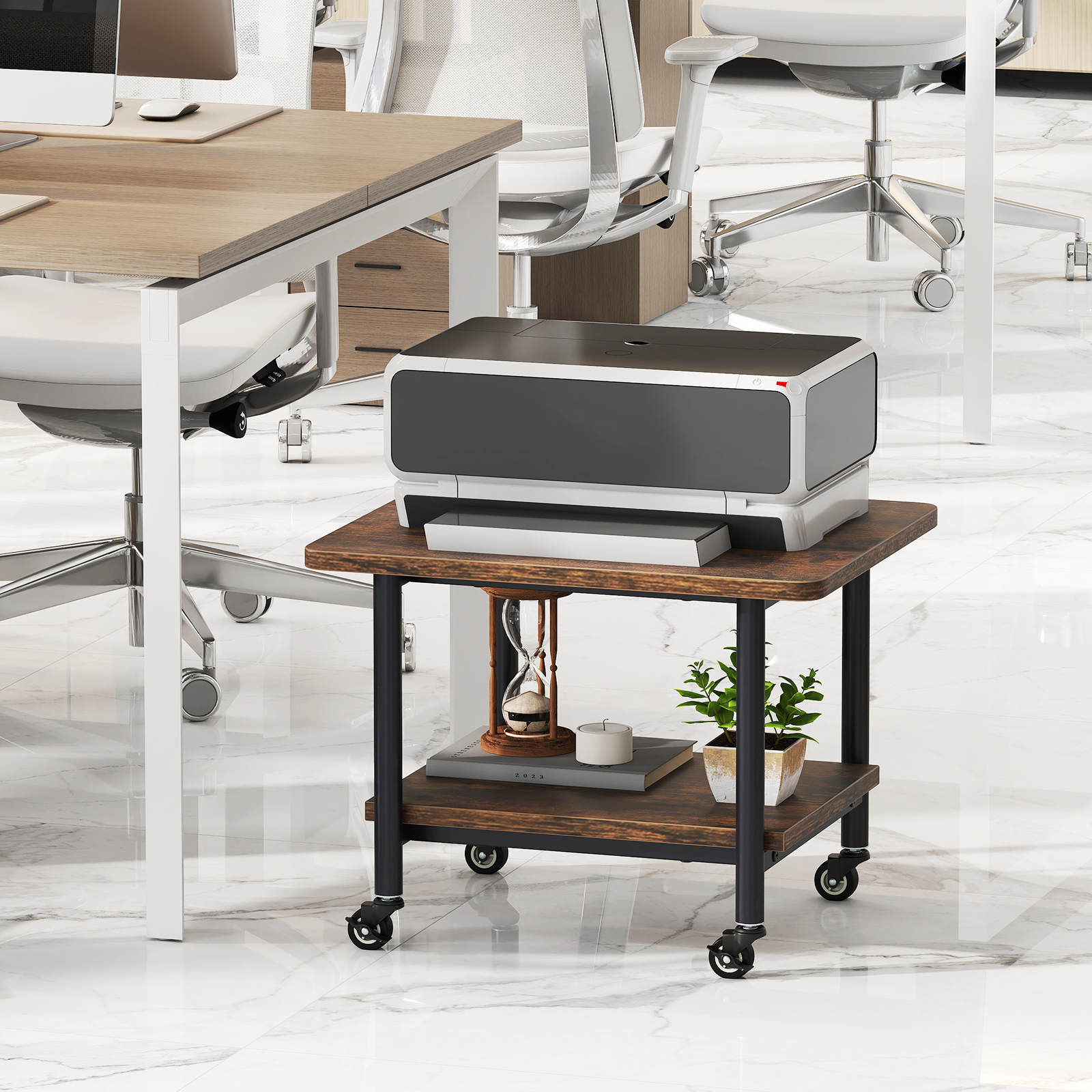 Under Desk Printer Stand with 360° Swivel Casters-Brown - Image 6