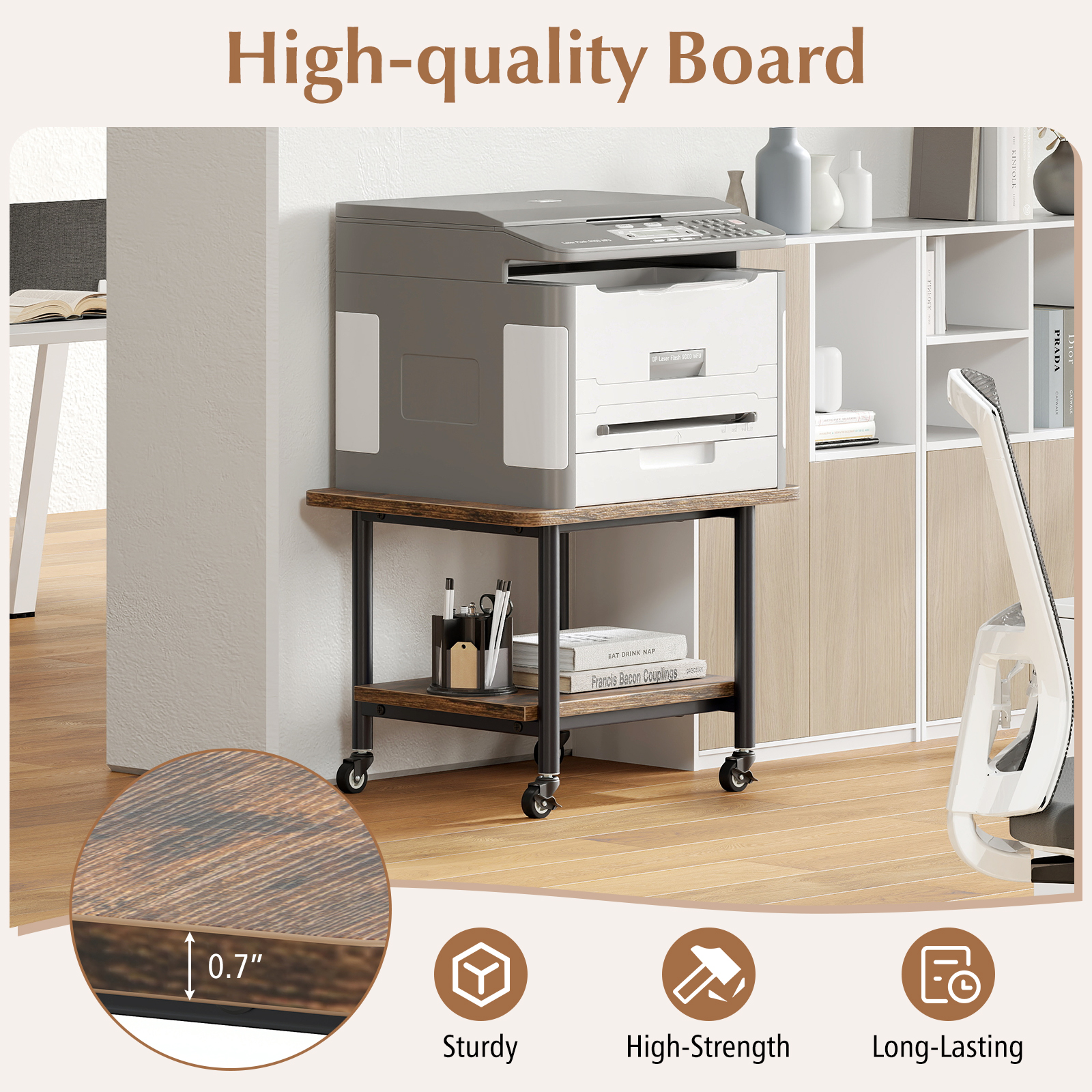 Under Desk Printer Stand with 360° Swivel Casters-Brown - Image 7