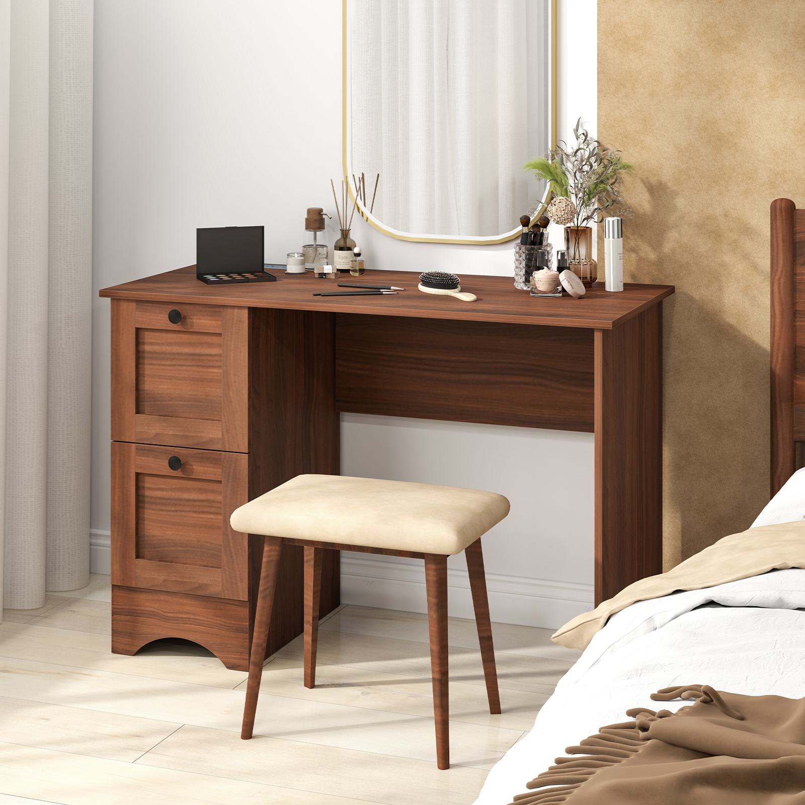 Wooden Vintage Computer Desk with 2 Drawers for Home and Office-Walnut - Image 5