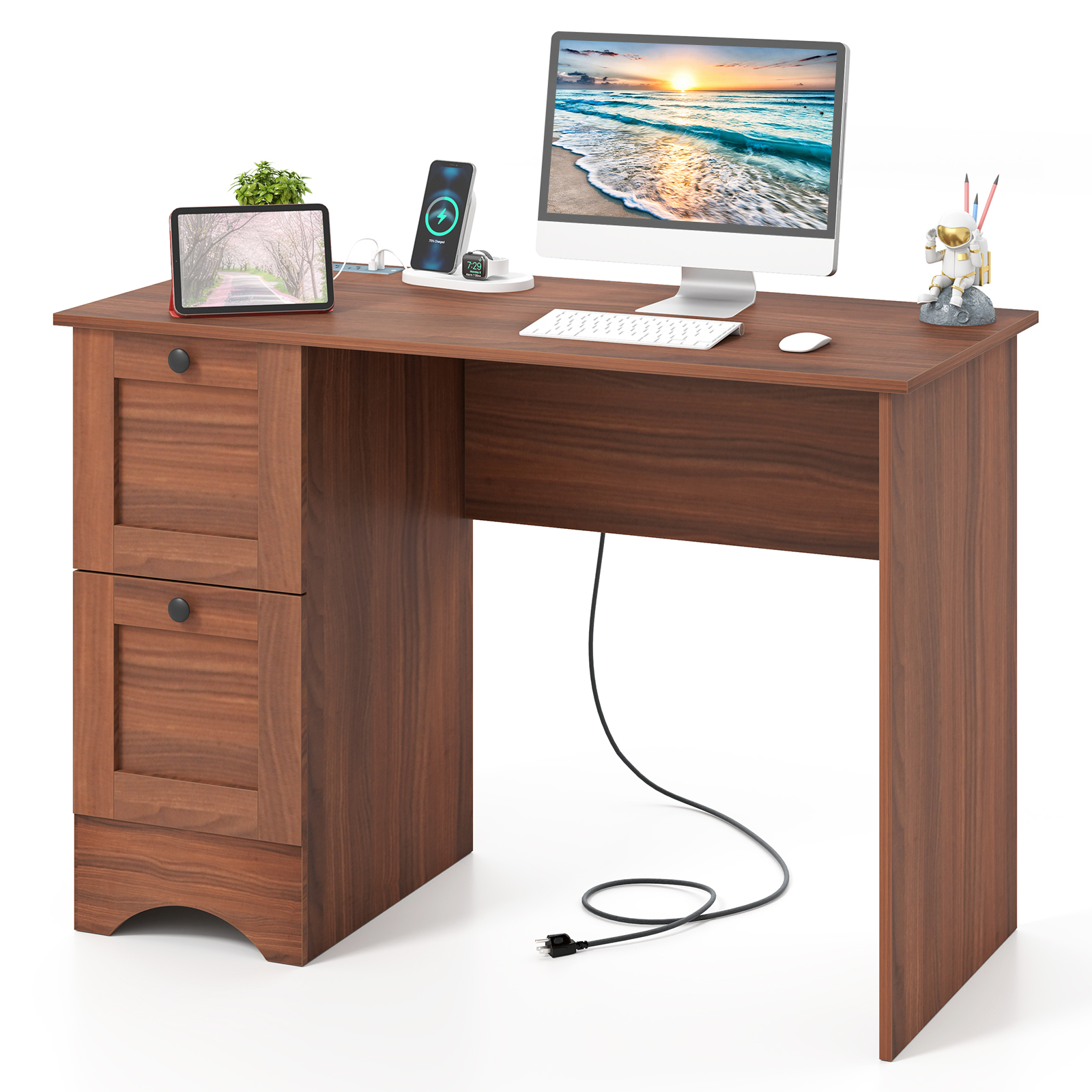 Wooden Vintage Computer Desk with 2 Drawers for Home and Office-Walnut - Image 3