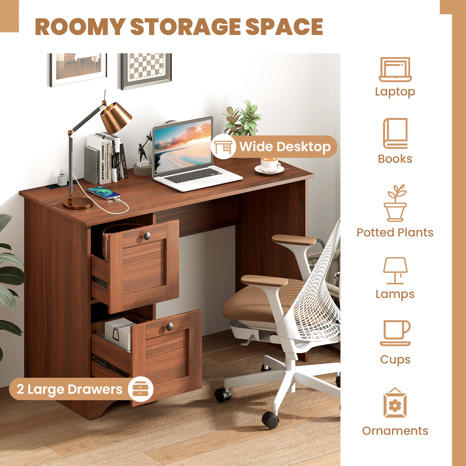 Wooden Vintage Computer Desk with 2 Drawers for Home and Office-Walnut - Image 7