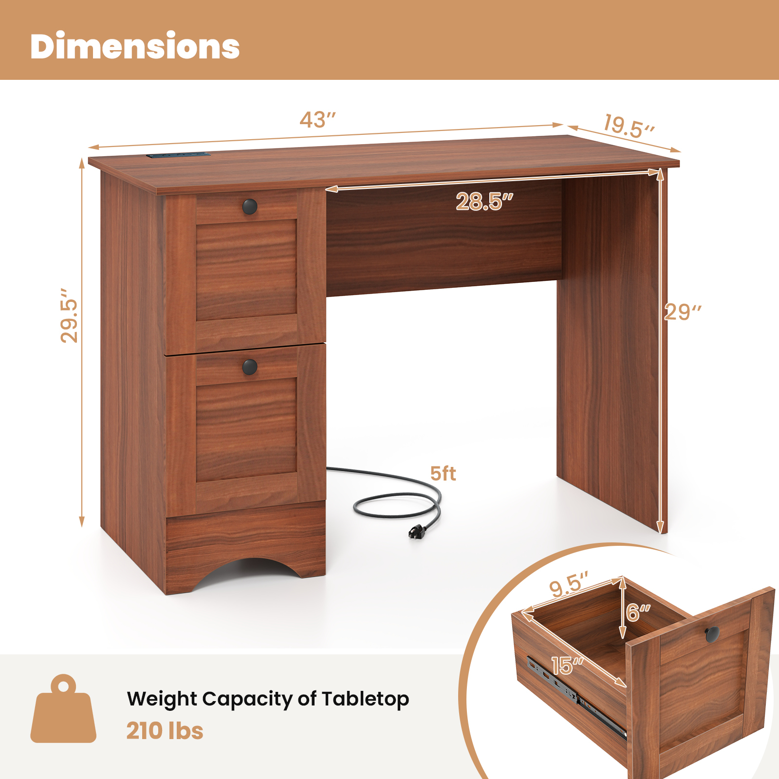 Wooden Vintage Computer Desk with 2 Drawers for Home and Office-Walnut - Image 4