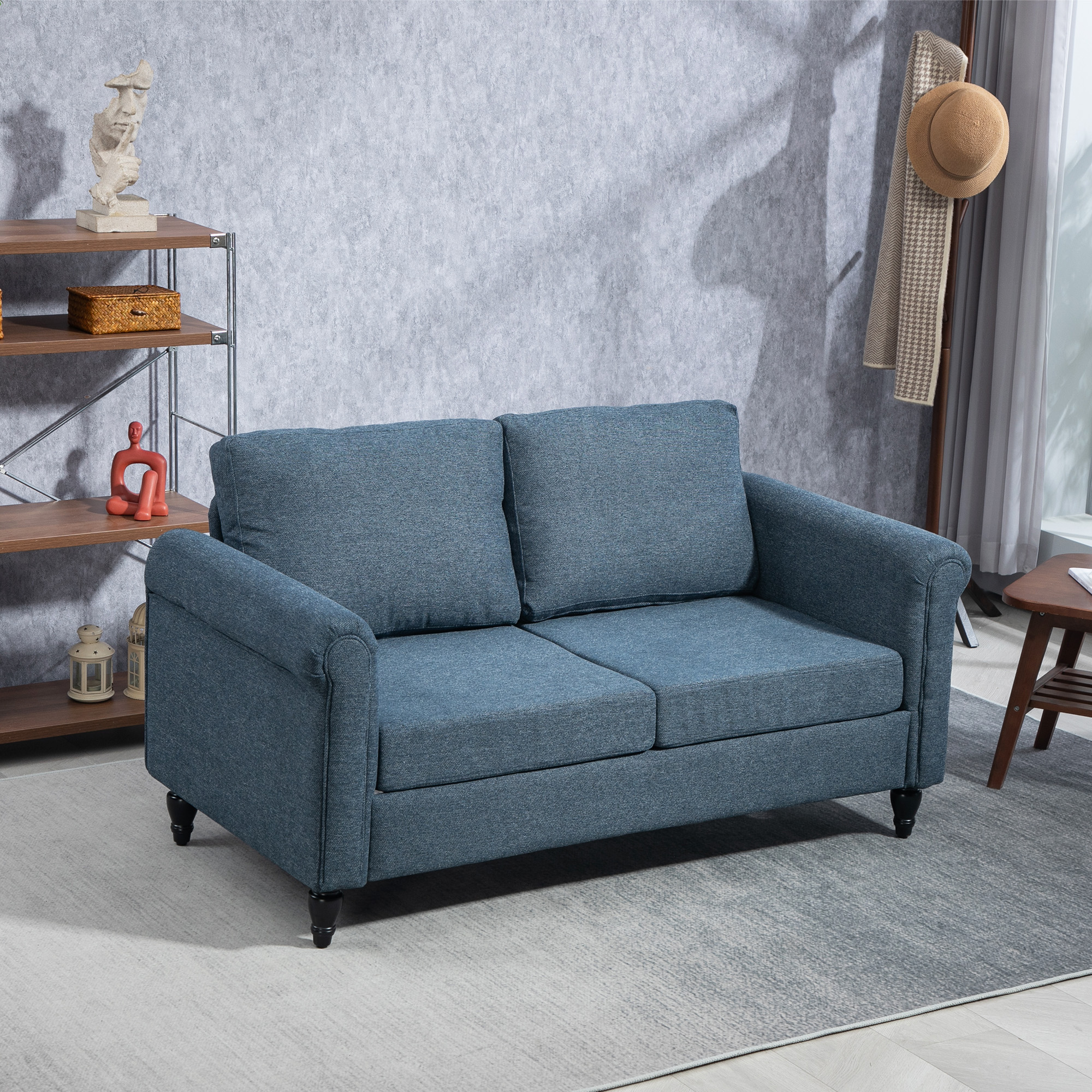 Vintage Loveseat, Upholstered Love Seat Furniture, Fabric 2 Seater Sofa with Rolled Arms, Rubber Wood Legs, Dark Blue - Image 6