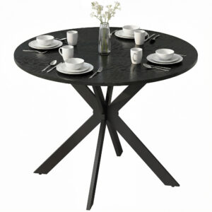 39" Dining Table, Contemporary Round Kitchen Table with Steel Legs, Black Wood Grain