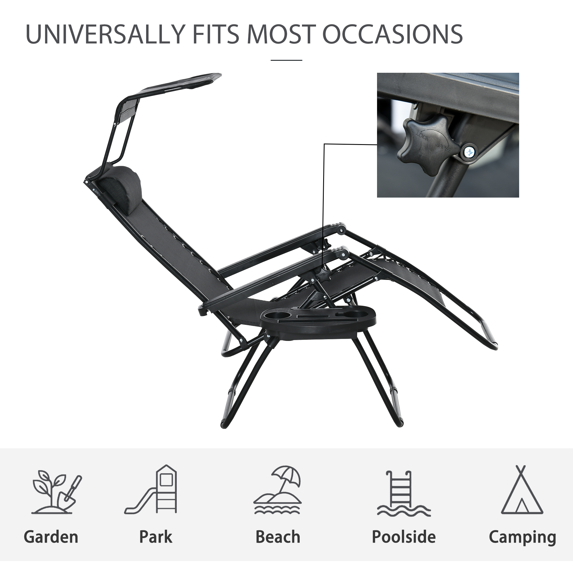 Outdoor Zero Gravity Reclining Lounger Chair with Canopy Shade, Side Tray, Cupholder, Black - Image 5