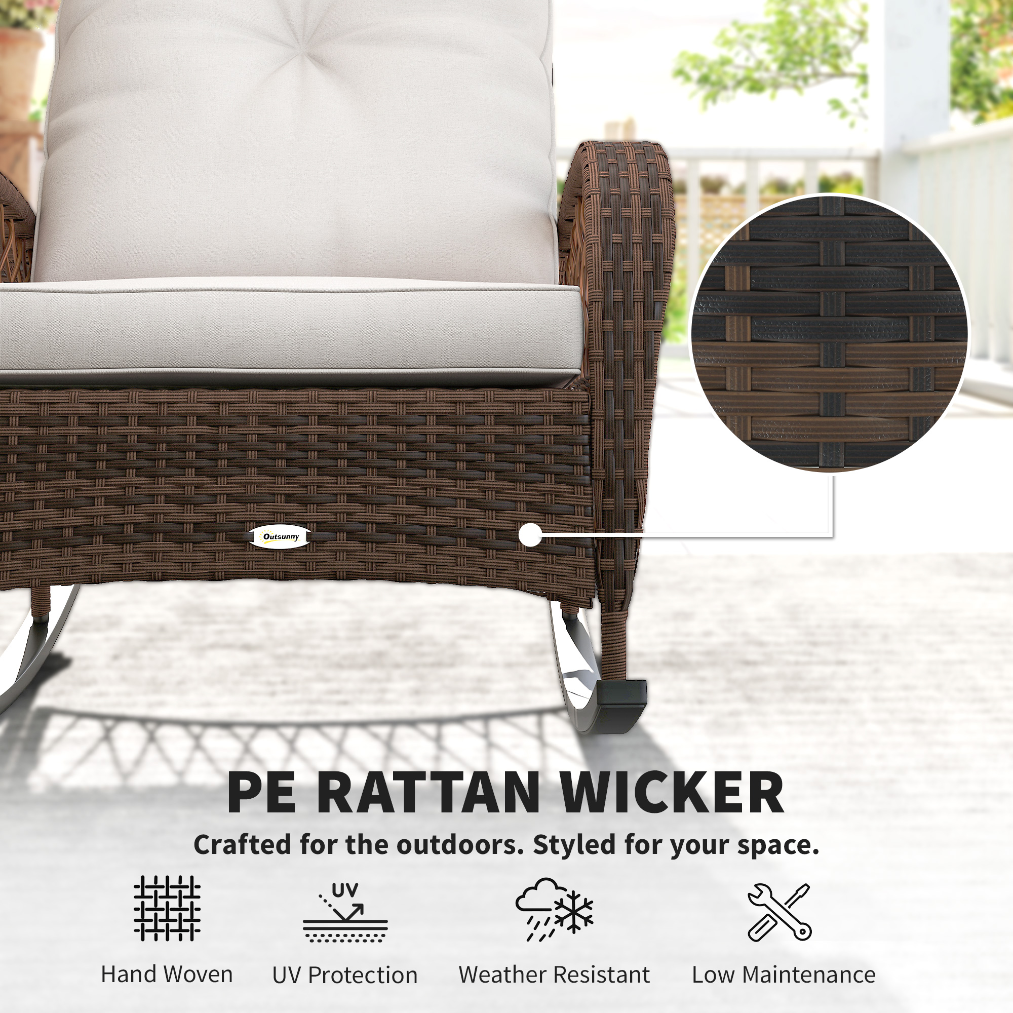 Outdoor Wicker Rattan Rocking Chair Patio Rocker with Thick Cushions for Garden Backyard Porch, Light Mixed Brown - Image 3