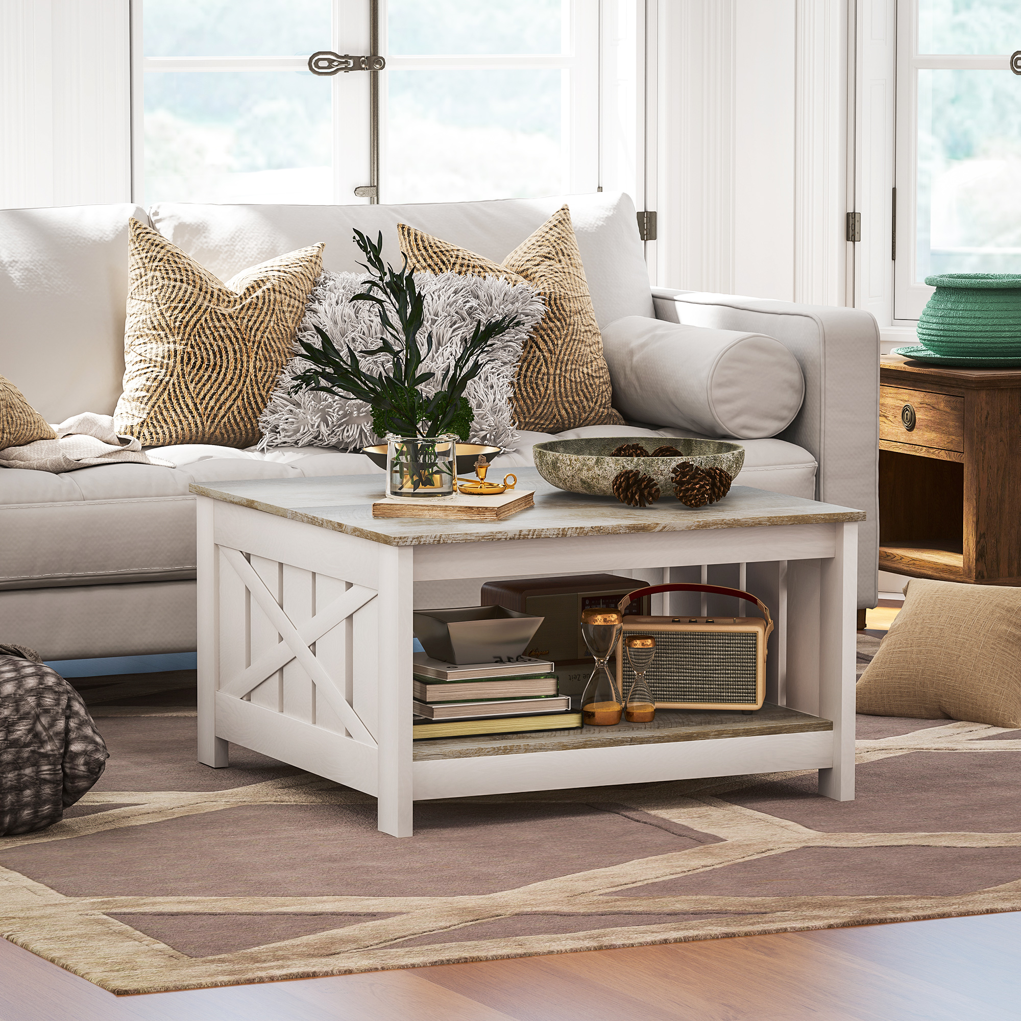 31.5" Square Coffee Table, Farmhouse 2-Tier Center Table for Living Room, Distressed Oak and Brown - Image 5