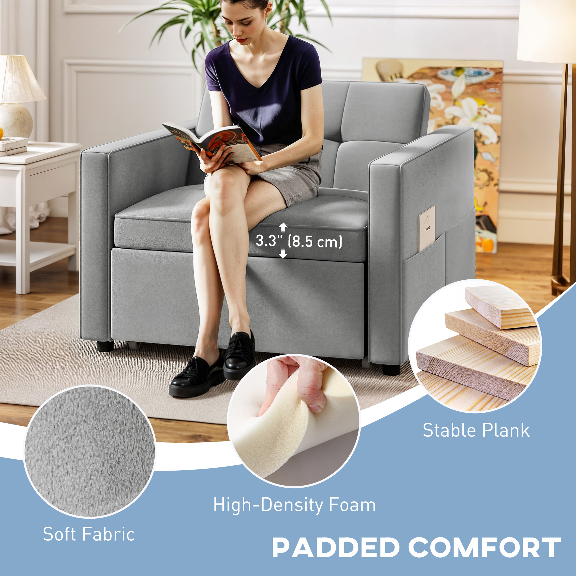 Convertible Chair Bed, Pull Out Sleeper Chair with USB, Adjustable Backrest, Small Velvet Futon Sofa Bed, Grey - Image 5