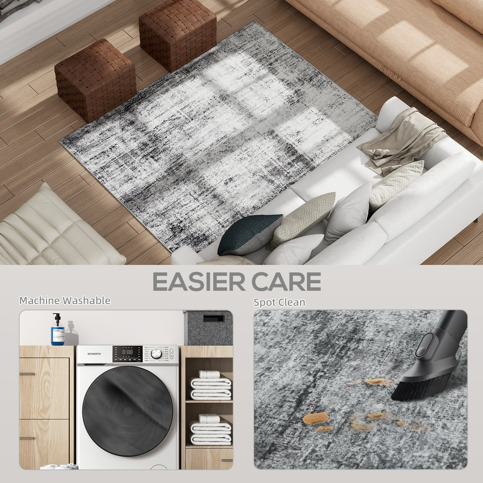 Area Rug for Living Room 5x7, Modern Abstract Machine Washable Rug, Non-Slip Carpet for Bedroom, Dining Room, Grey - Image 3