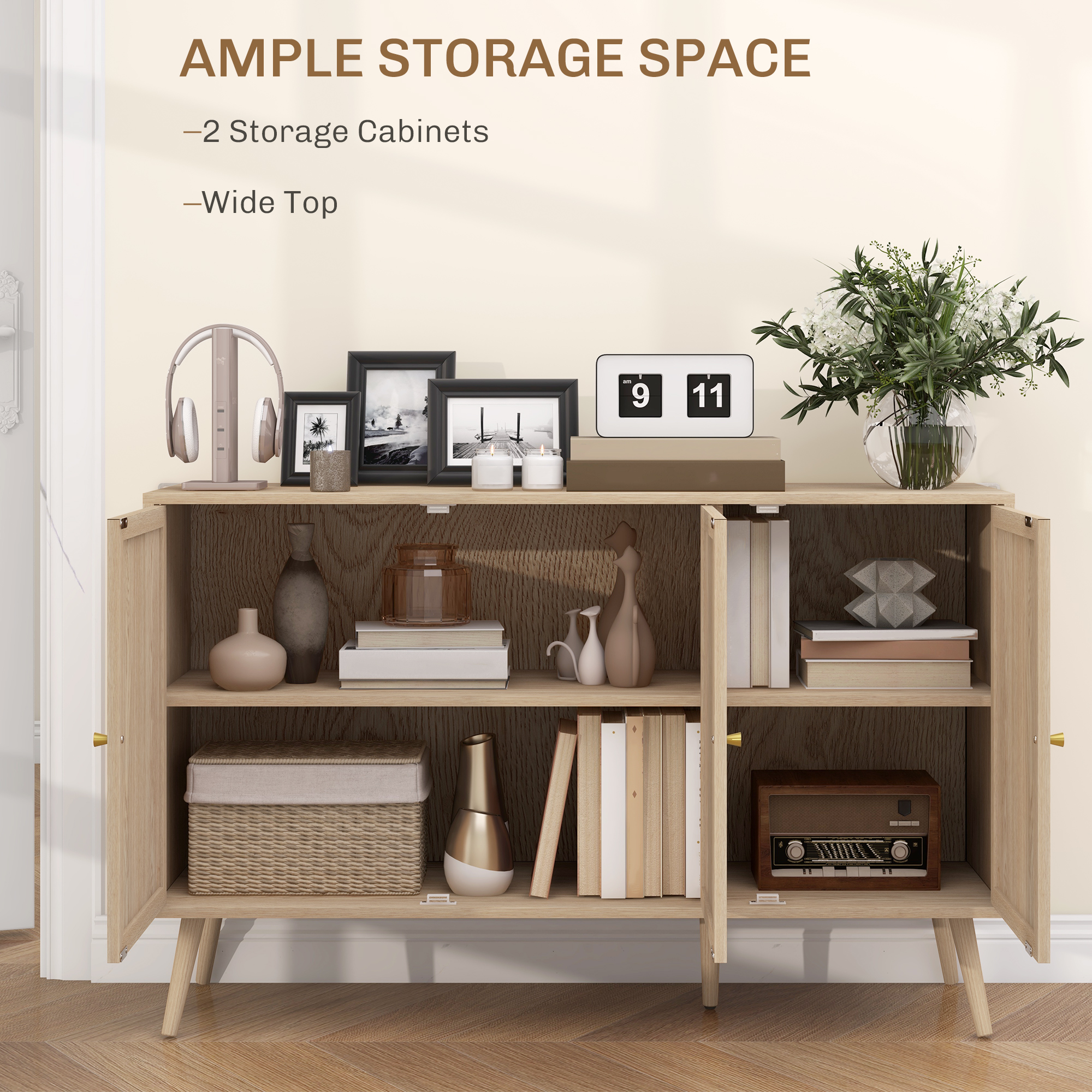 Kitchen Sideboard Cabinet, Boho Storage Cabinet with Shelves, Wood Legs, Decorative Rattan Doors, Natural - Image 3