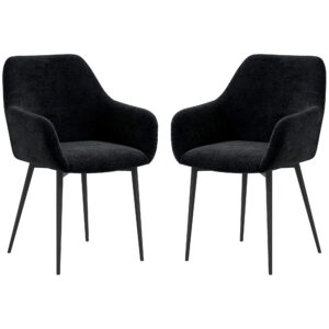Dining Chairs Set of 2, Velvet-look Fabric Upholstered Kitchen Chairs with Backrest, Armrests and Steel Legs, Black
