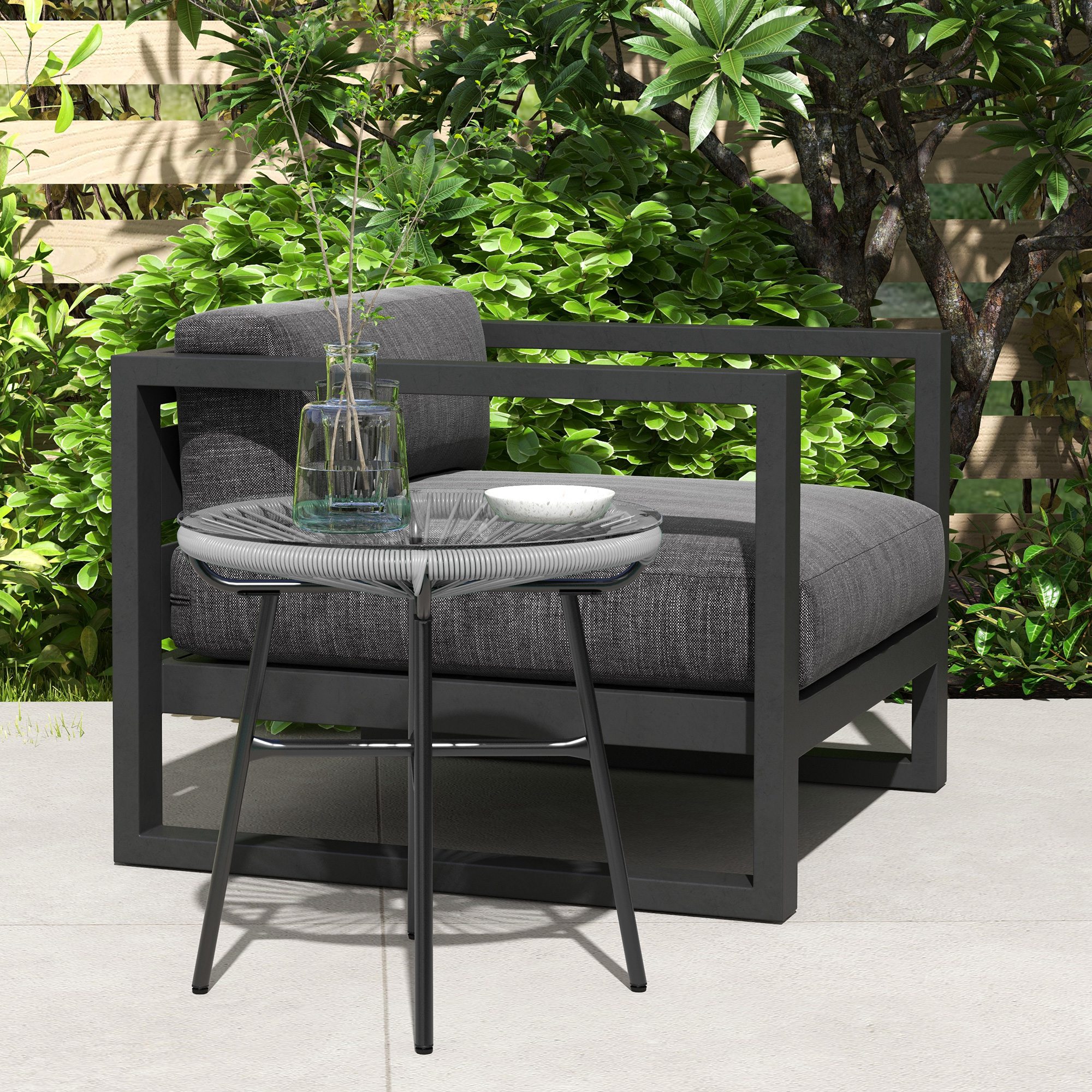 Rattan Side Table, Round Outdoor Table, with Round PE Rattan and Tempered Glass Table Top for Patio, Garden, Grey - Image 6