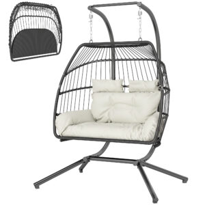 Double Wicker Egg Swing Chair with Stand, Foldable Hanging Egg Chair with UV Resistant Cushion, Headrest, Cream White