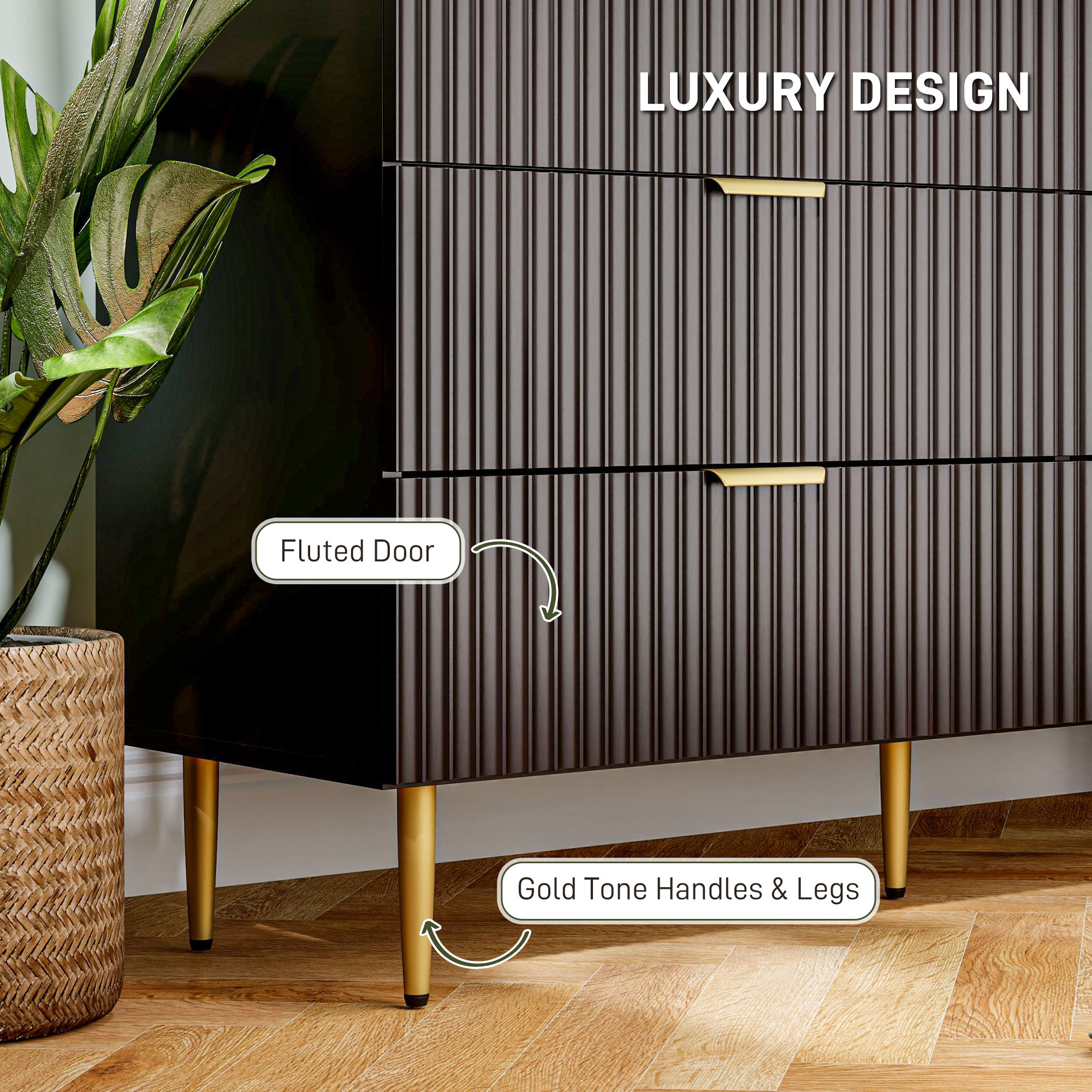 Modern Chest of Drawers 6 Drawer Dresser for Bedroom with Gold Legs and Handles, Black - Image 3