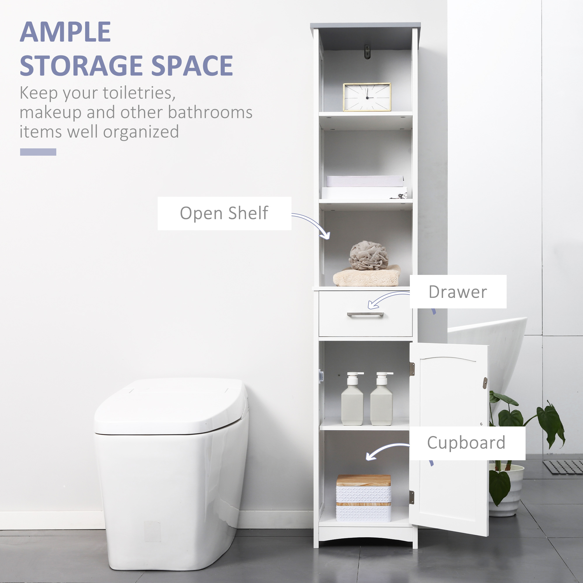Tall Bathroom Storage Cabinet, Slim Bathroom Cabinet with 3 Tier Shelf, Drawer, Door, Freestanding Linen Tower, White - Image 2