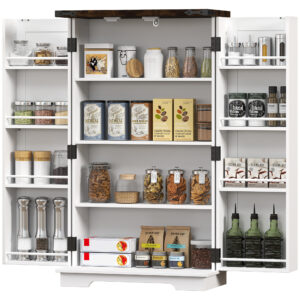 Kitchen Pantry Cabinet with 4-tier Shelving, 6 Spice Racks, Farmhouse Storage Cabinet with Adjustable Shelves, Easy Cleaning, White