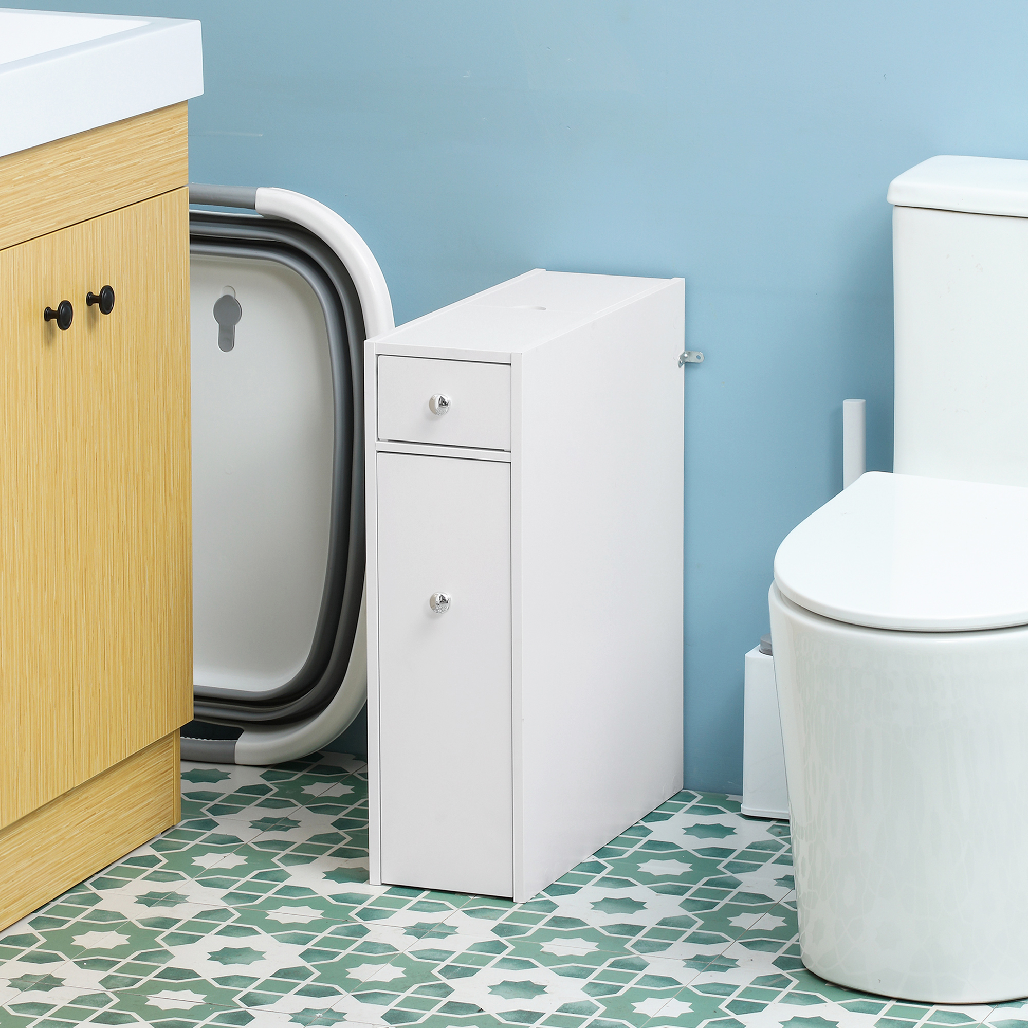 Space Saving Toilet Paper Cabinet, Narrow Bathroom Cabinet with Drawers and Hidden Storage, White - Image 6