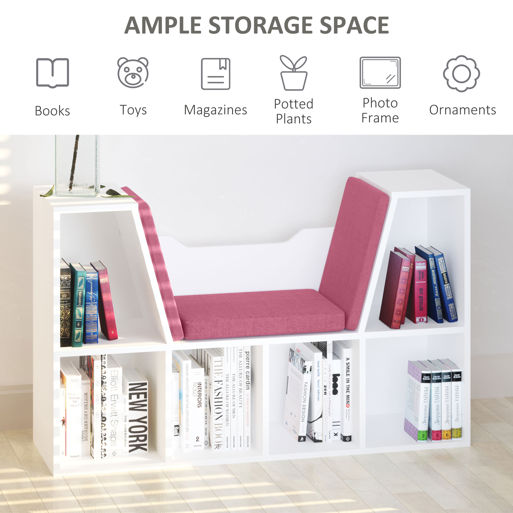 6-Cubby Bookcase with Seat Cushion, Cube Storage Shelf with Reading Nook for Home Office, Study, Pink - Image 3