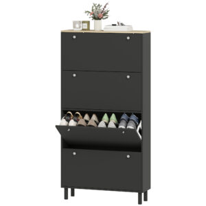 Narrow Shoe Cabinet with 4 Flip Drawers, Shoe Storage Cabinet with Adjustable Shelves, Holds 24–32 Pairs, Black