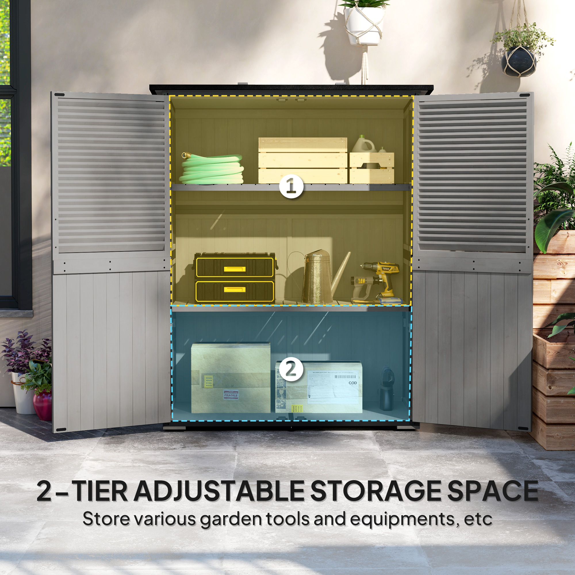 Outdoor Storage Cabinet, Wood Garden Shed with Steel Frame, Asphalt Roof, 2 Shelves and Lockable Doors, Grey - Image 4