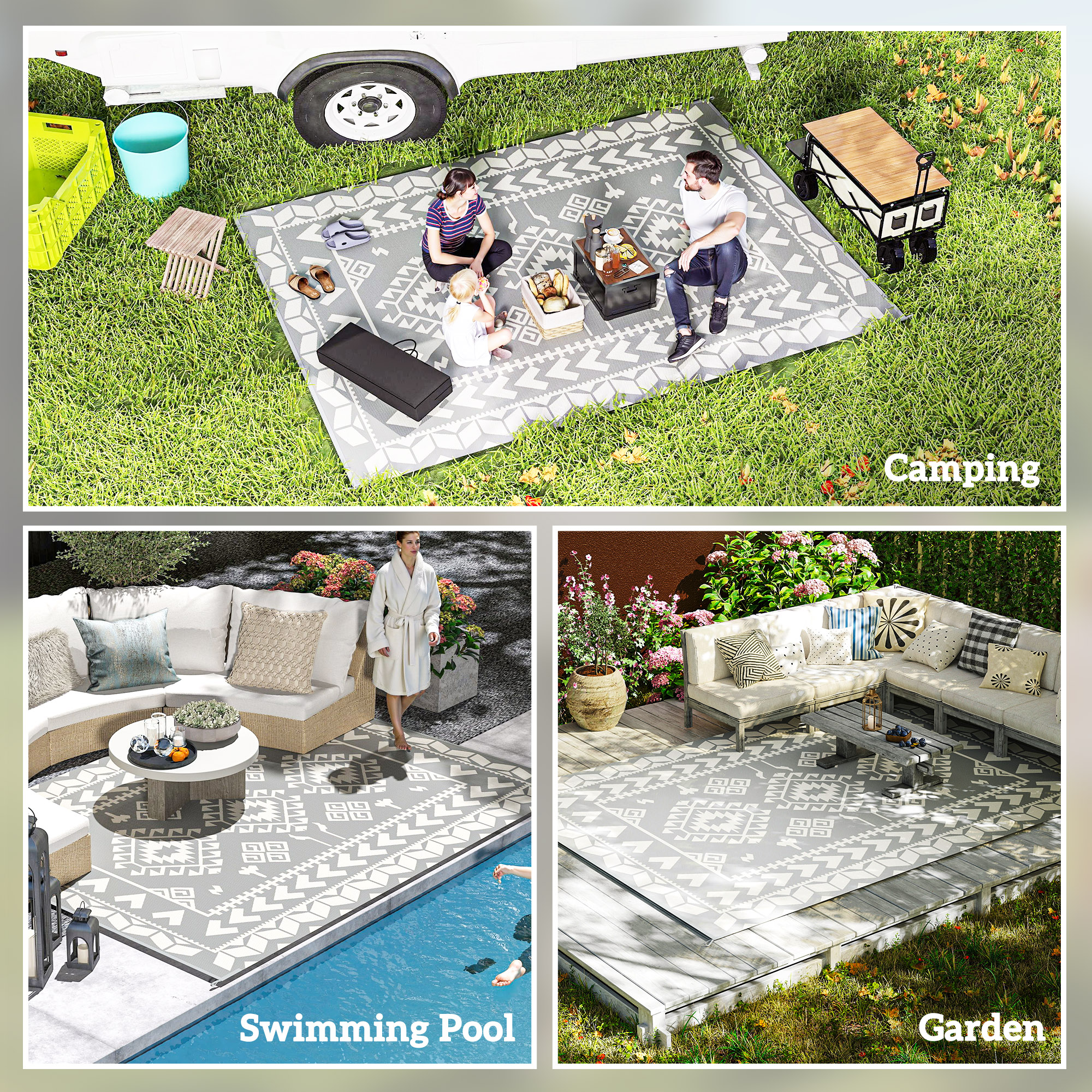 9' x 12' Outdoor RV Rug, Reversible Patio Floor Mat with Carry Bag, Rhombus Patchwork, Grey and White - Image 3