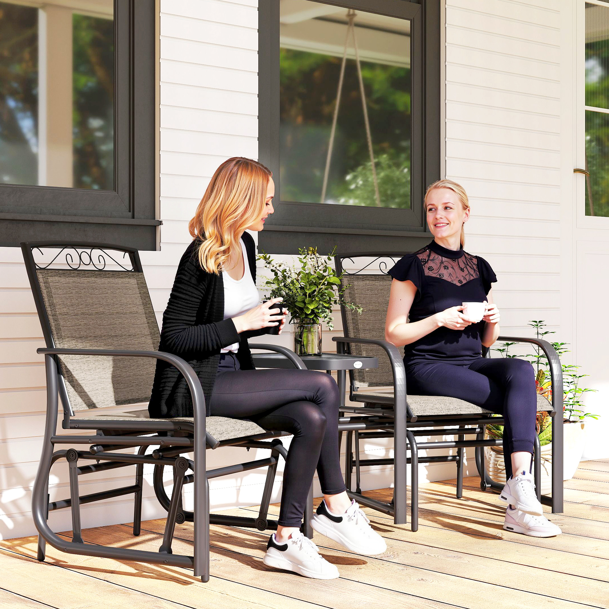 Outdoor Glider Bench with Coffee Table, Patio 2-Seat Rocking Chair Swing Loveseat with Breathable Sling for Backyard Garden Porch, Brown - Image 6
