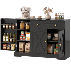 Sideboard Buffet Cabinet, Farmhouse Coffee Bar Cabinet with Door Shelves, Adjustable Shelves, Drawer, Barn Doors, Black
