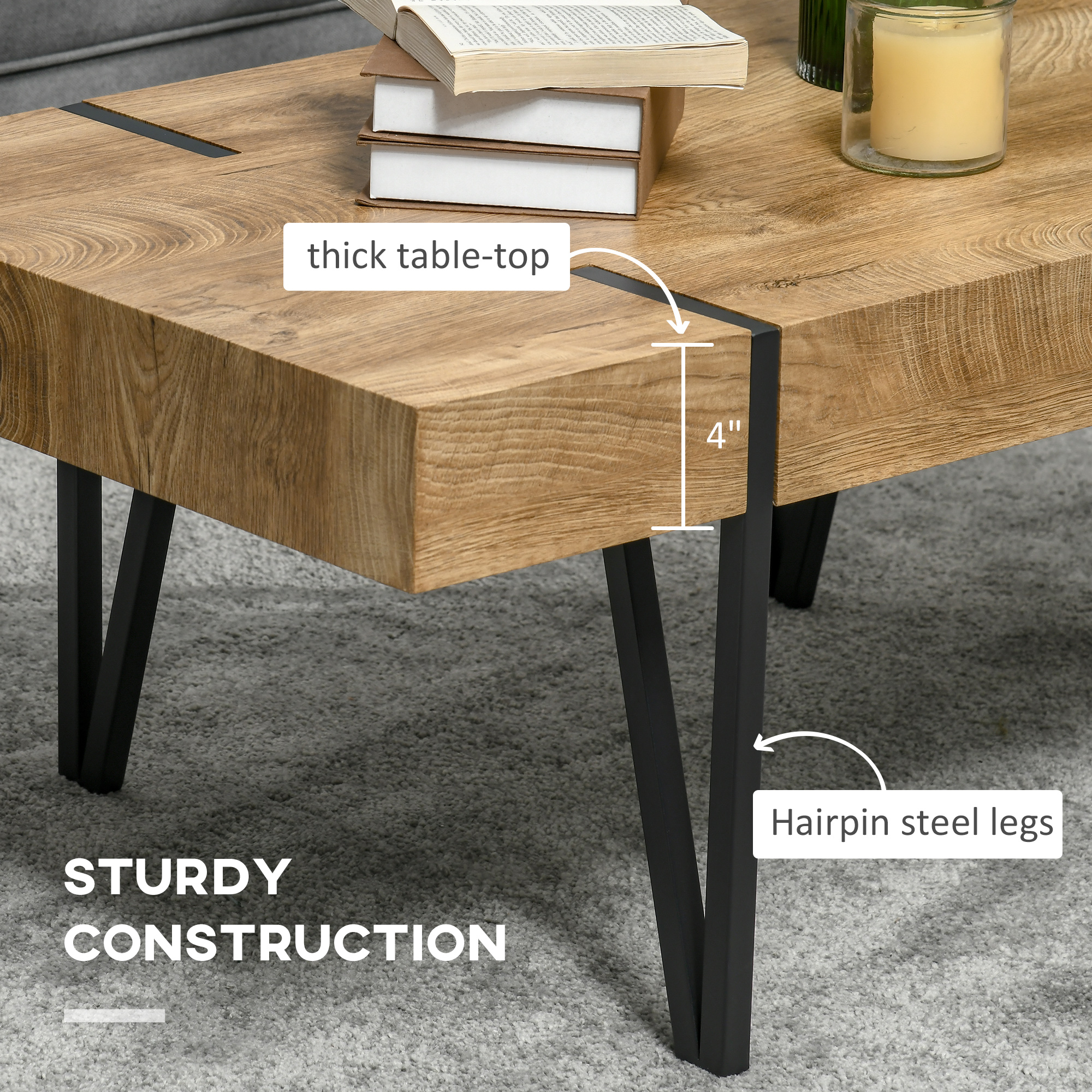 Rustic Coffee Table, Rectangle Nature Central Table with Steel Hairpin Legs for Living Room - Image 3
